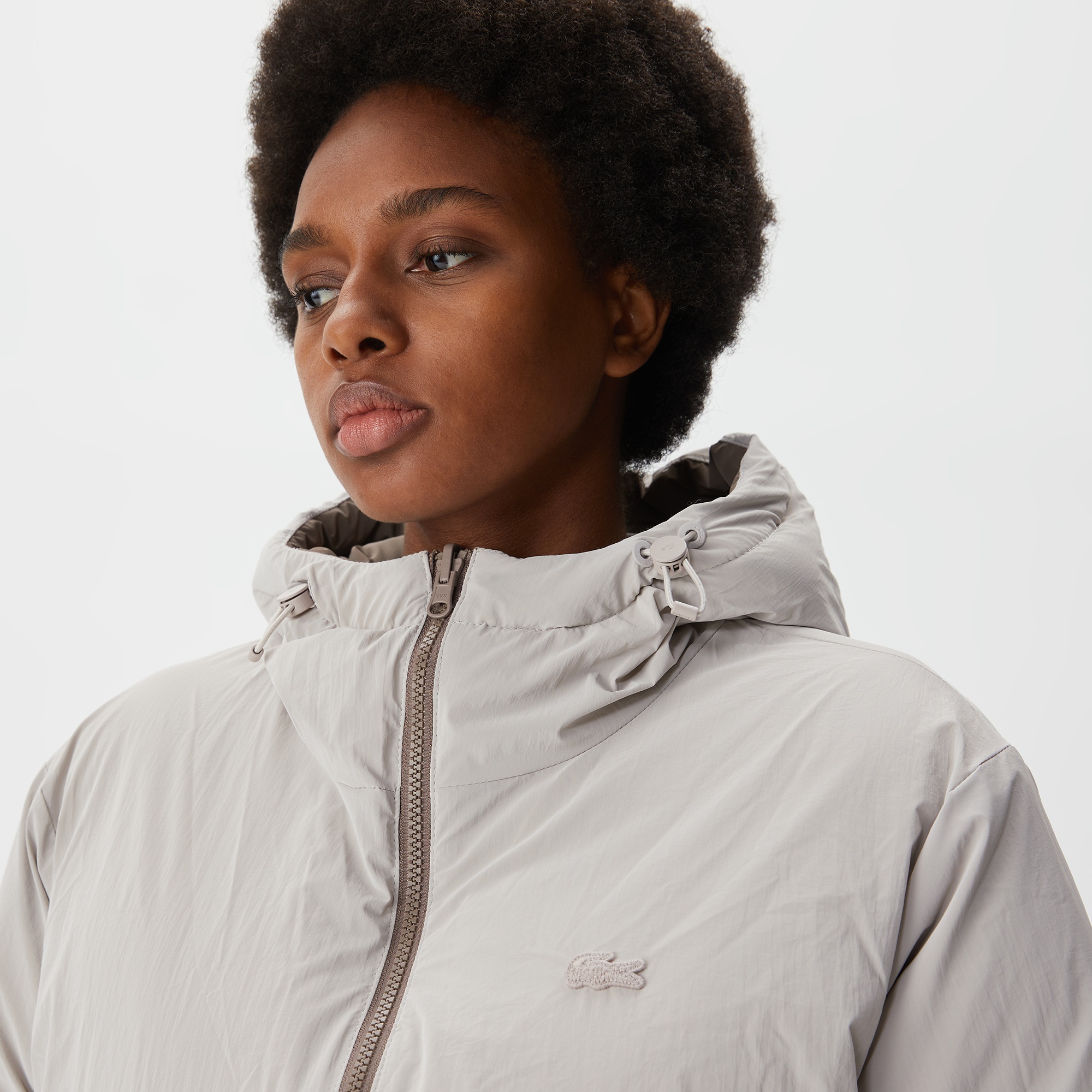 Lacoste Kadın Kapüşonlu Çift Taraflı Beyaz Mont