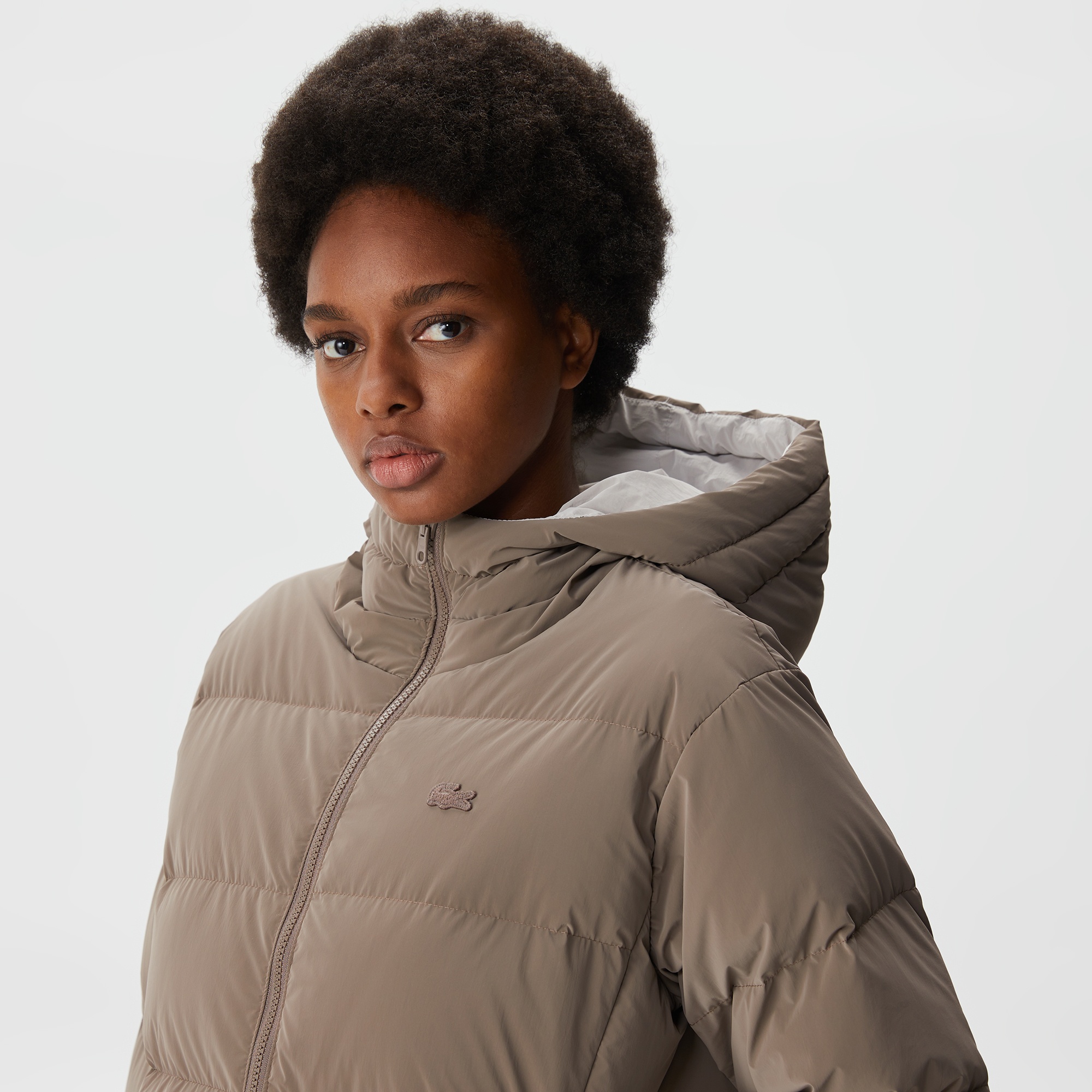 Lacoste Kadın Kapüşonlu Çift Taraflı Beyaz Mont