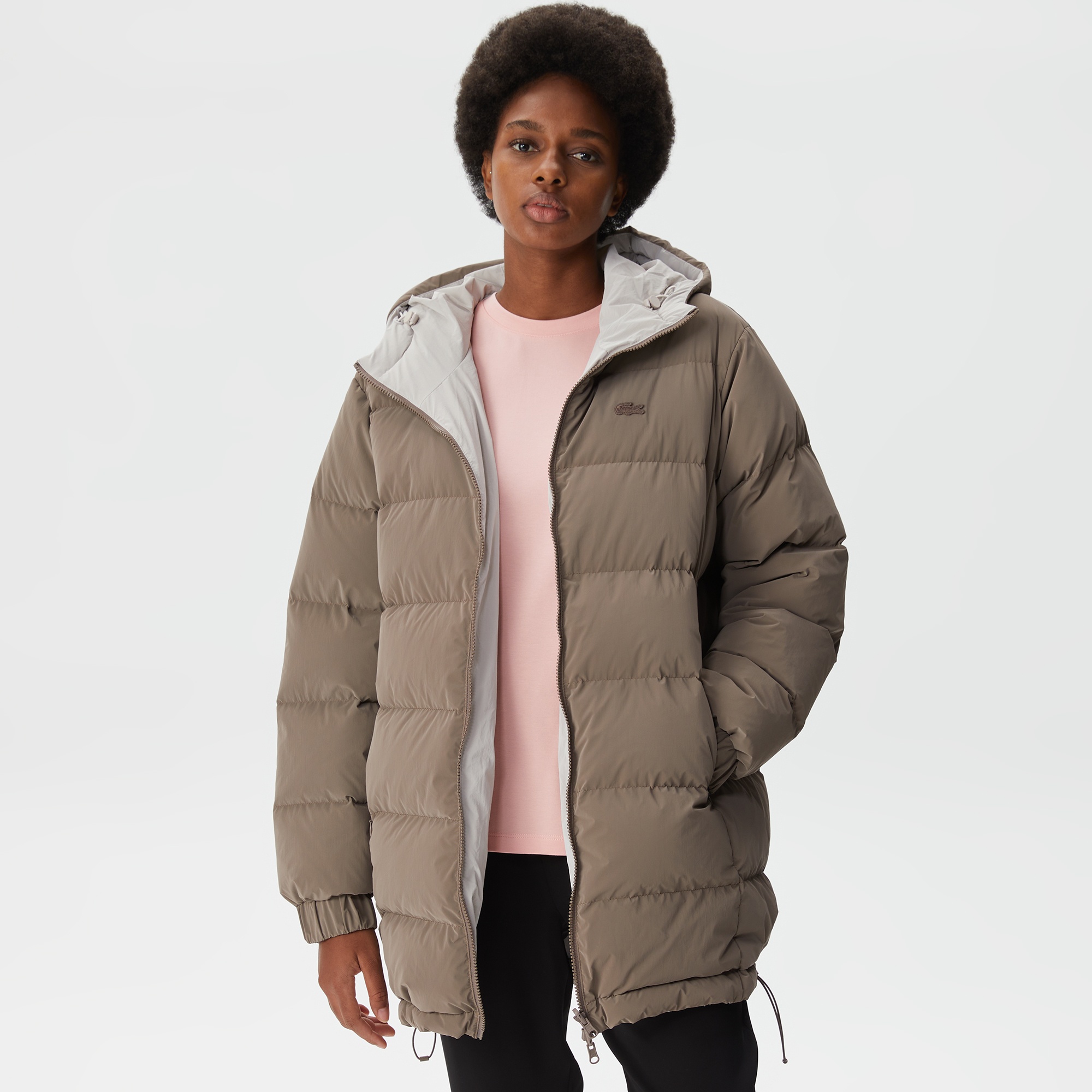 Lacoste Kadın Kapüşonlu Çift Taraflı Beyaz Mont