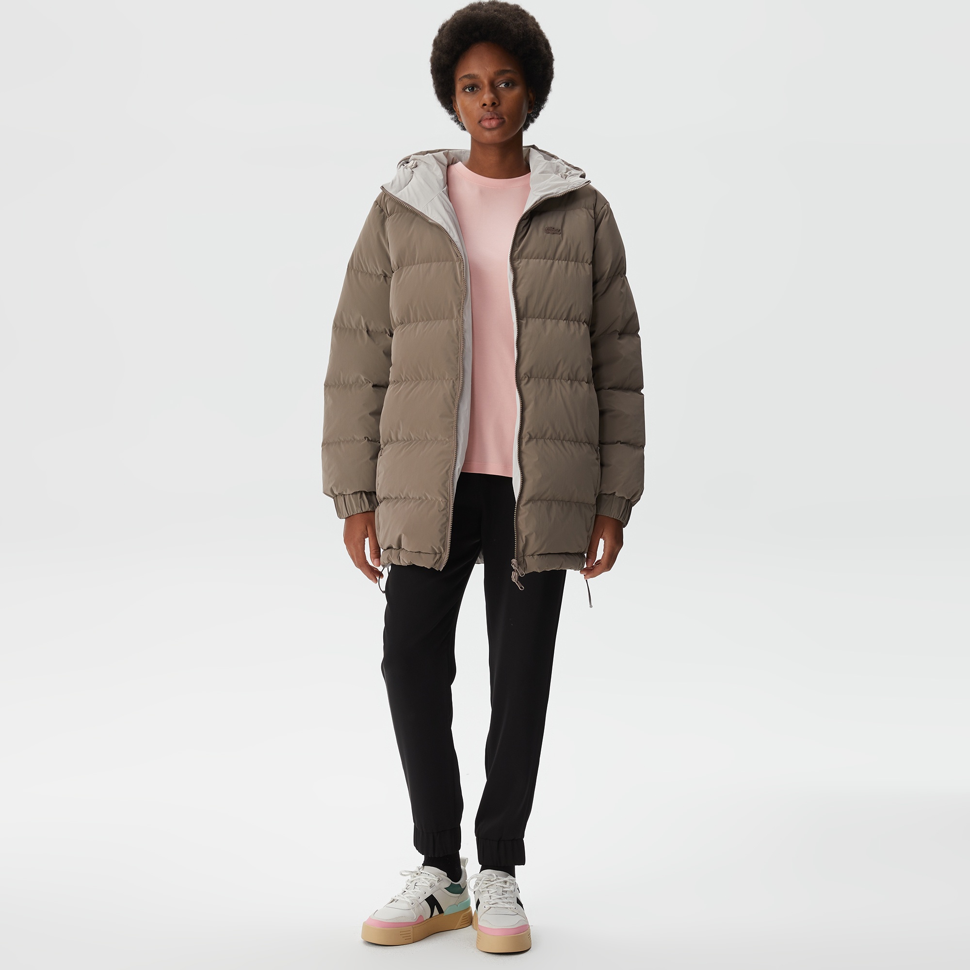 Lacoste Kadın Kapüşonlu Çift Taraflı Beyaz Mont