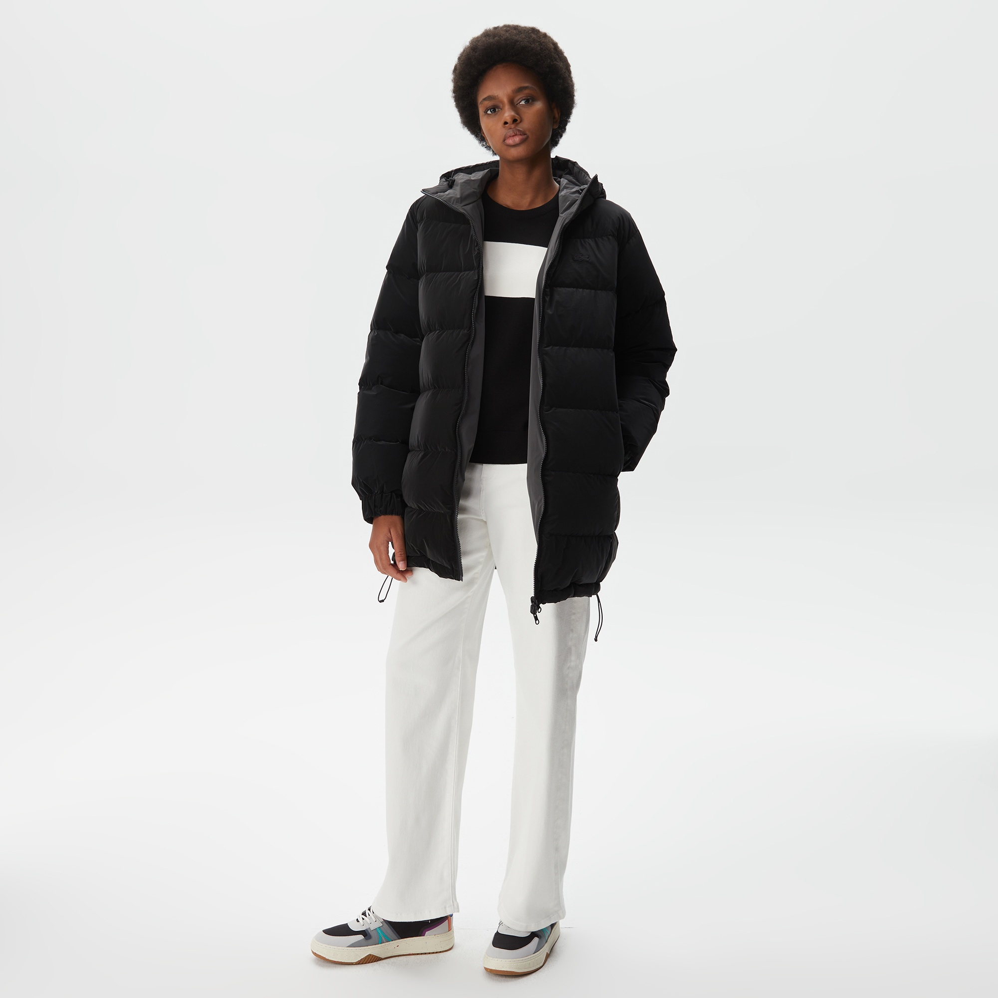 Lacoste Kadın Kapüşonlu Çift Taraflı Siyah Şişme Mont