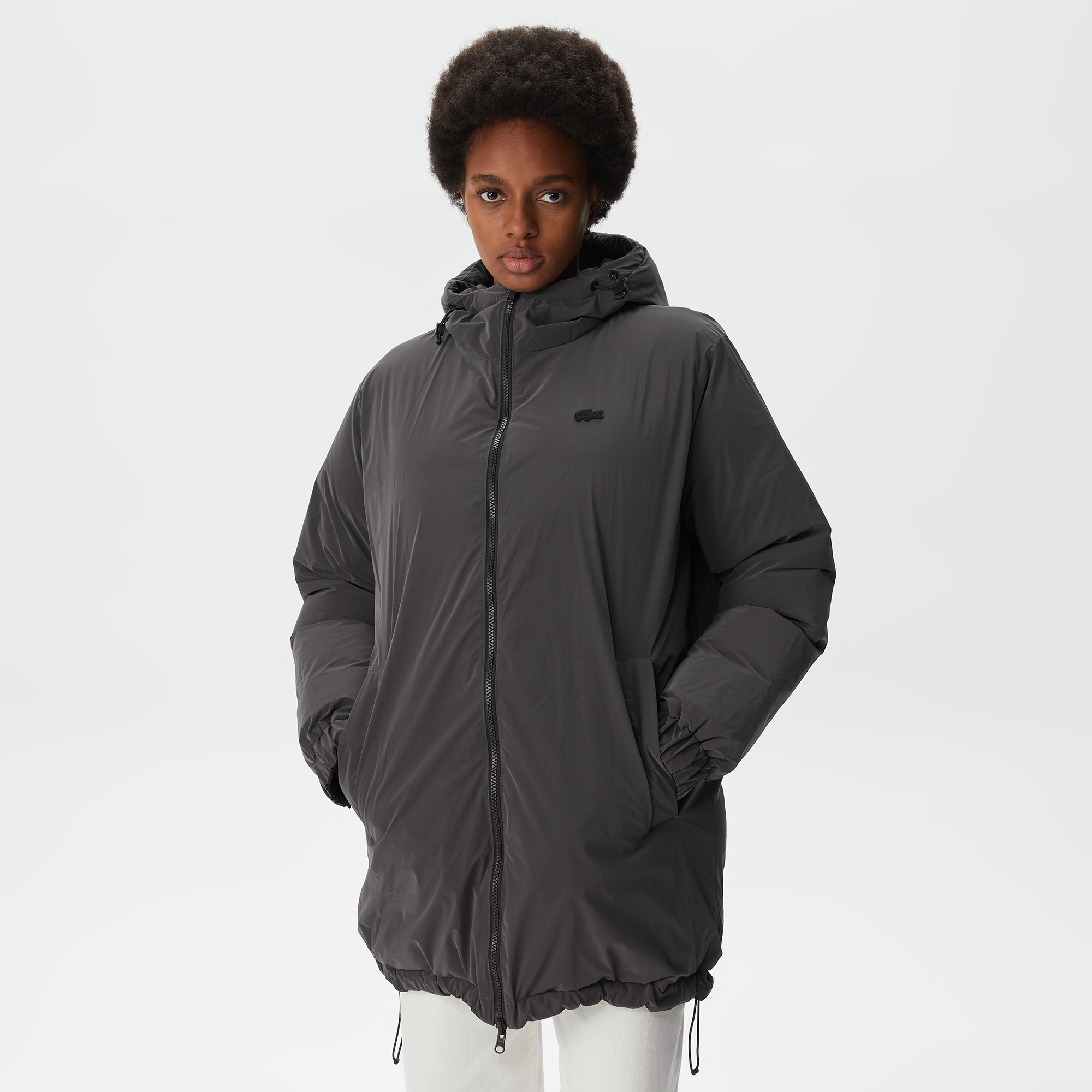 Lacoste Kadın Kapüşonlu Çift Taraflı Siyah Şişme Mont