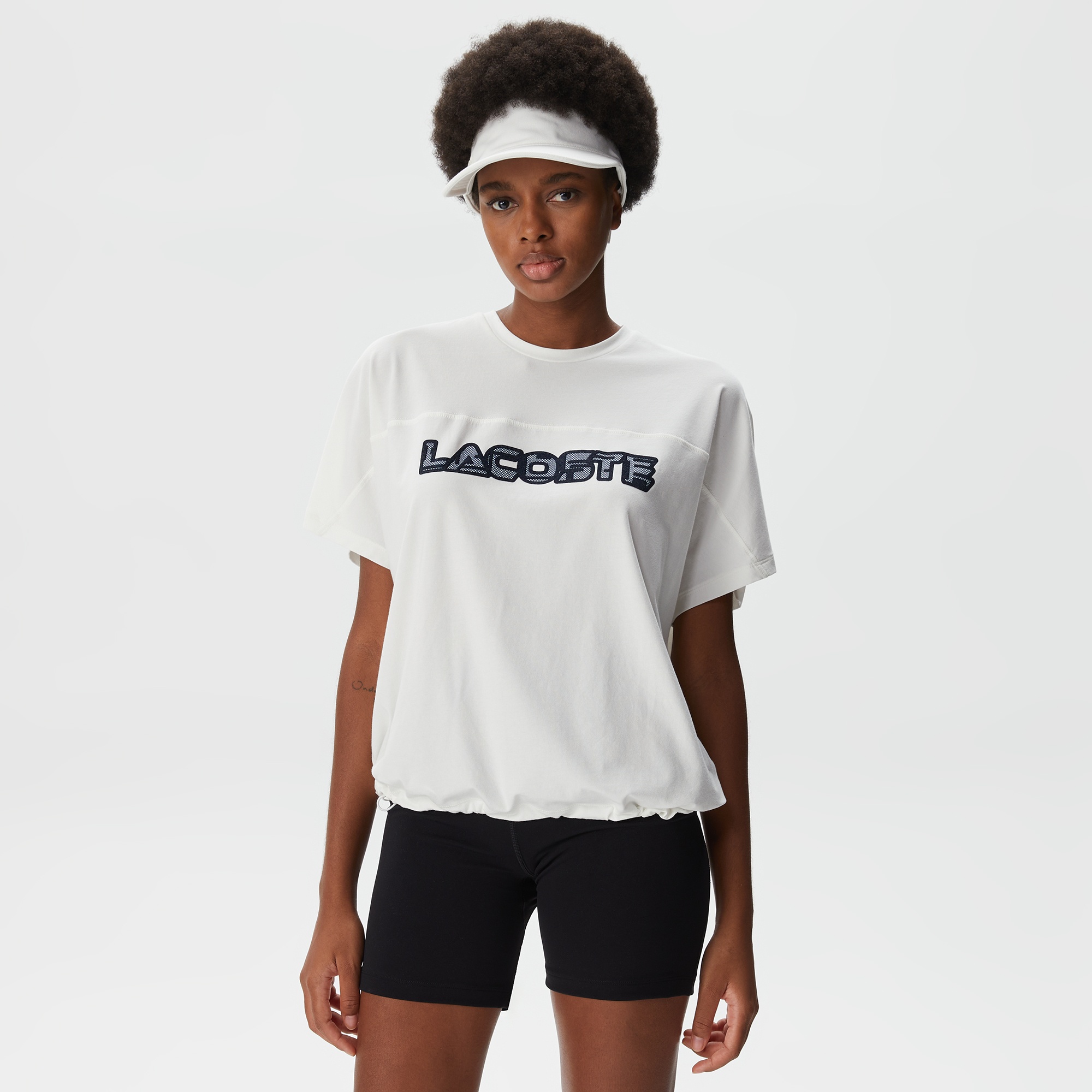 Lacoste Kadın Loose Fit Bisiklet Yaka Baskılı Beyaz T-Shirt