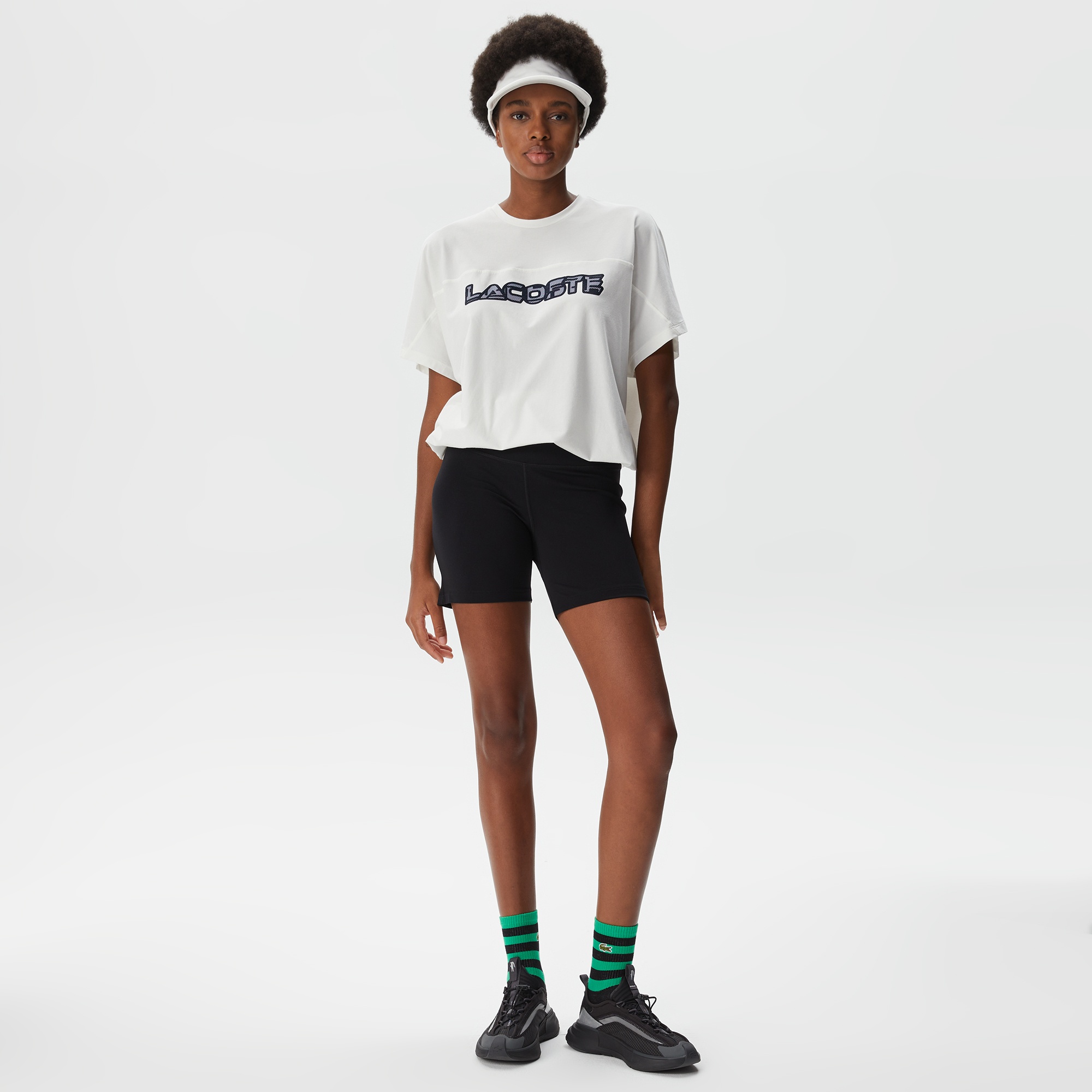 Lacoste Kadın Loose Fit Bisiklet Yaka Baskılı Beyaz T-Shirt