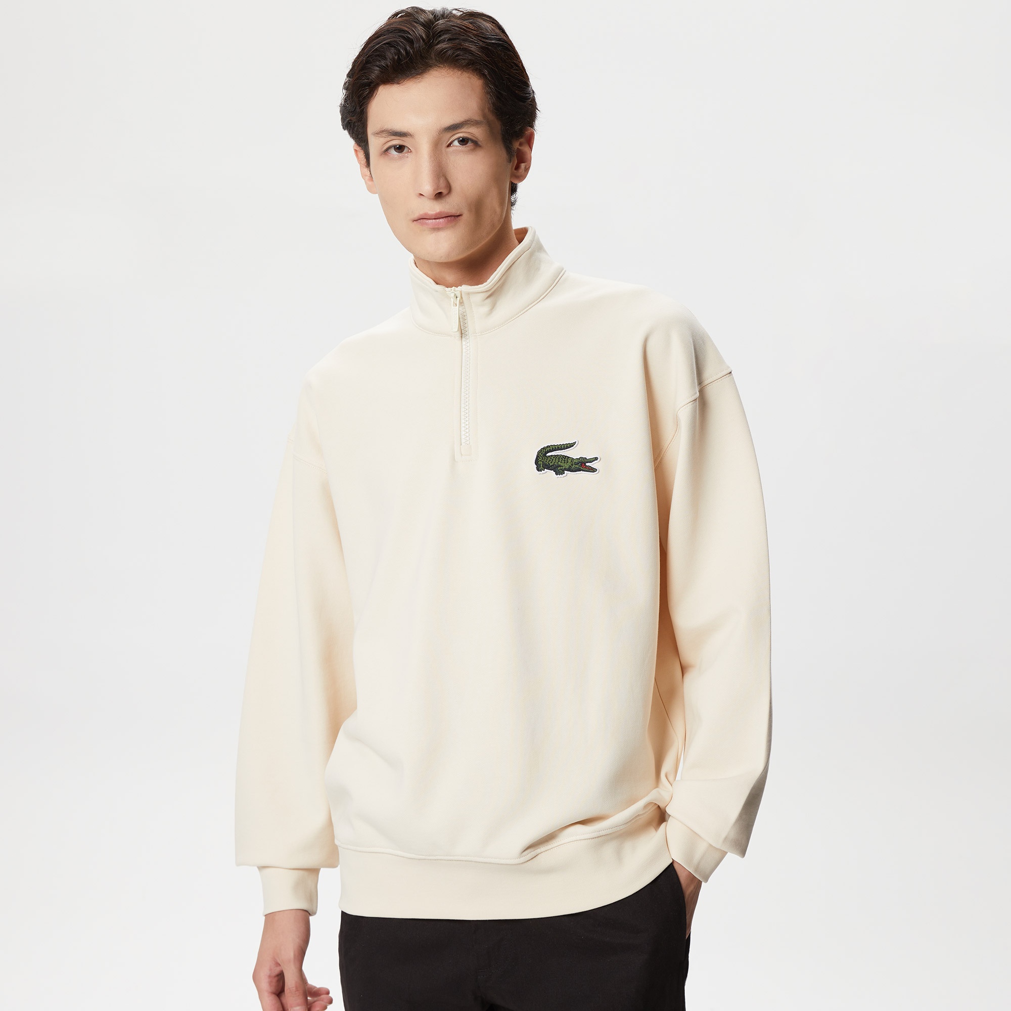 Lacoste Unisex Loose Fit Yarım Fermuarlı Krem Sweatshirt
