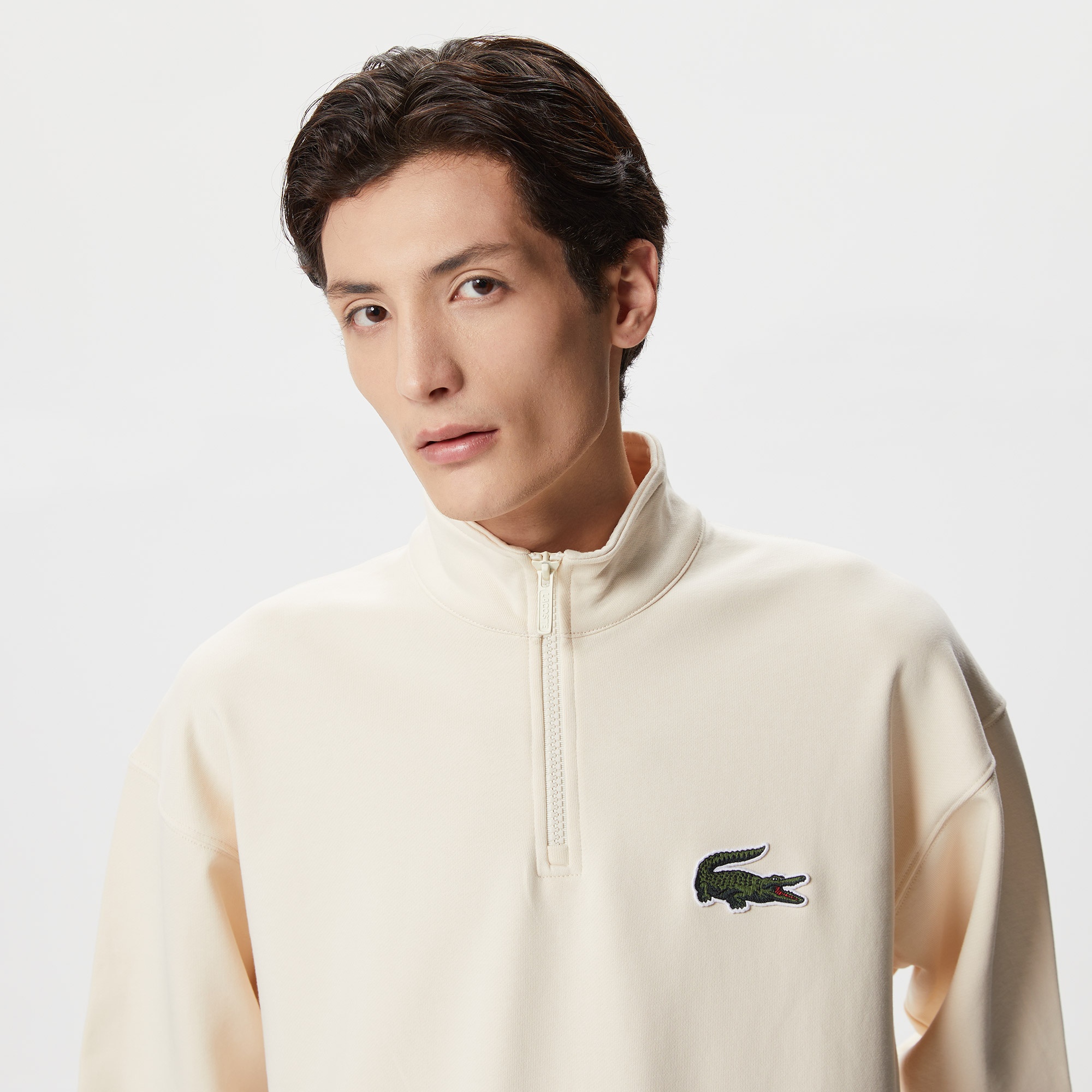 Lacoste Unisex Loose Fit Yarım Fermuarlı Krem Sweatshirt