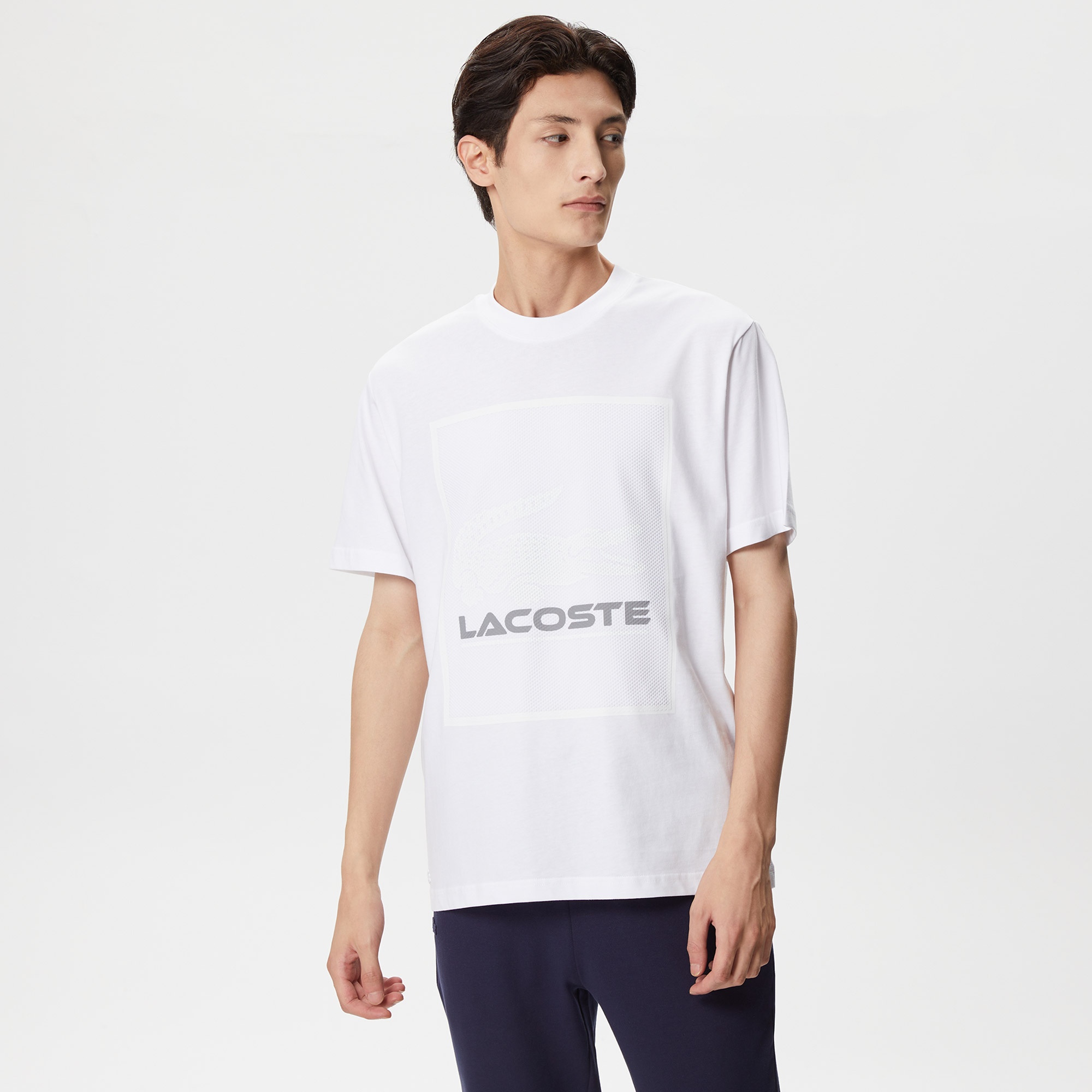 Lacoste Erkek Relaxed Fit Bisiklet Yaka Baskılı Beyaz T-Shirt