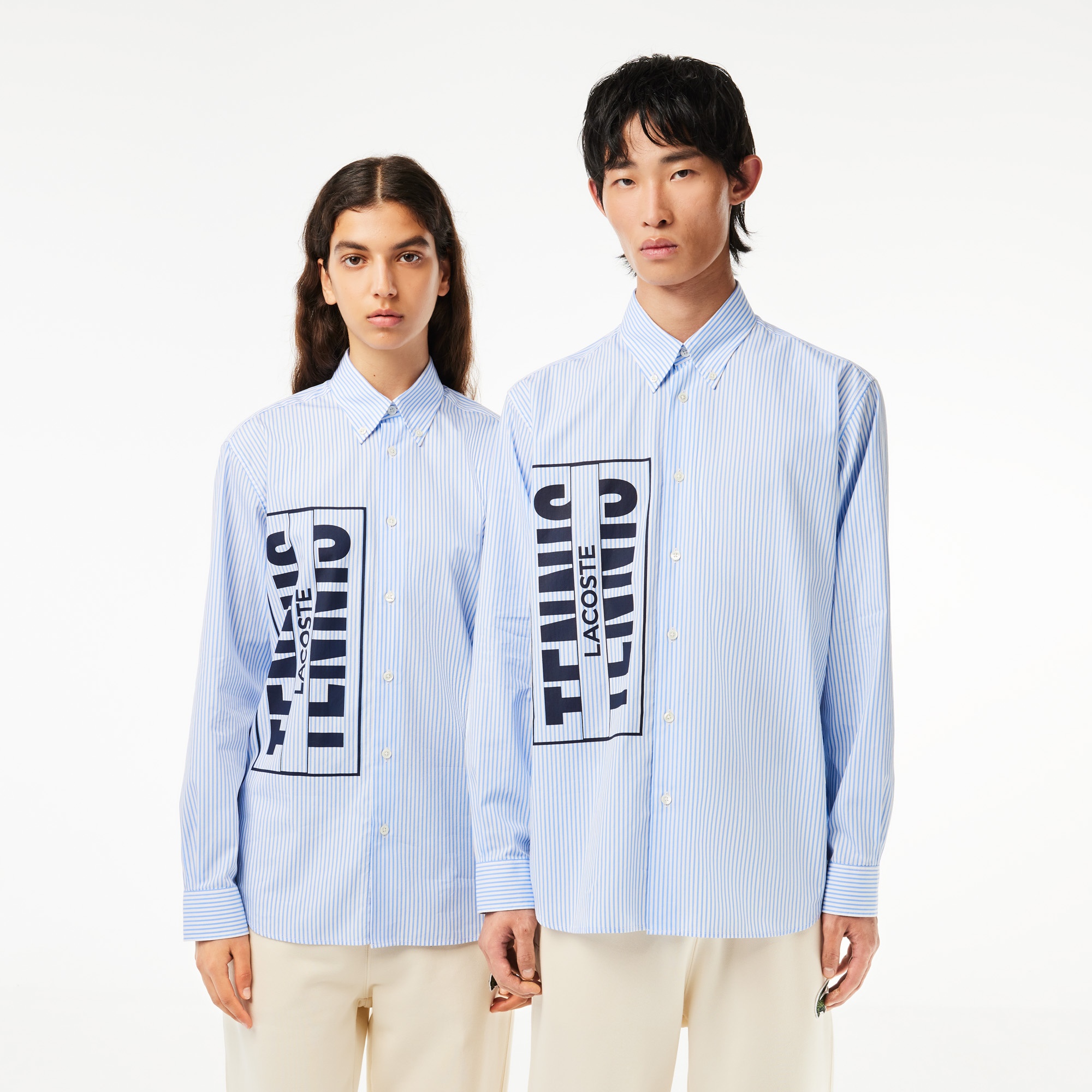 Lacoste Unisex Relaxed Fit Düğmeli Yaka Çizgili Mavi Gömlek