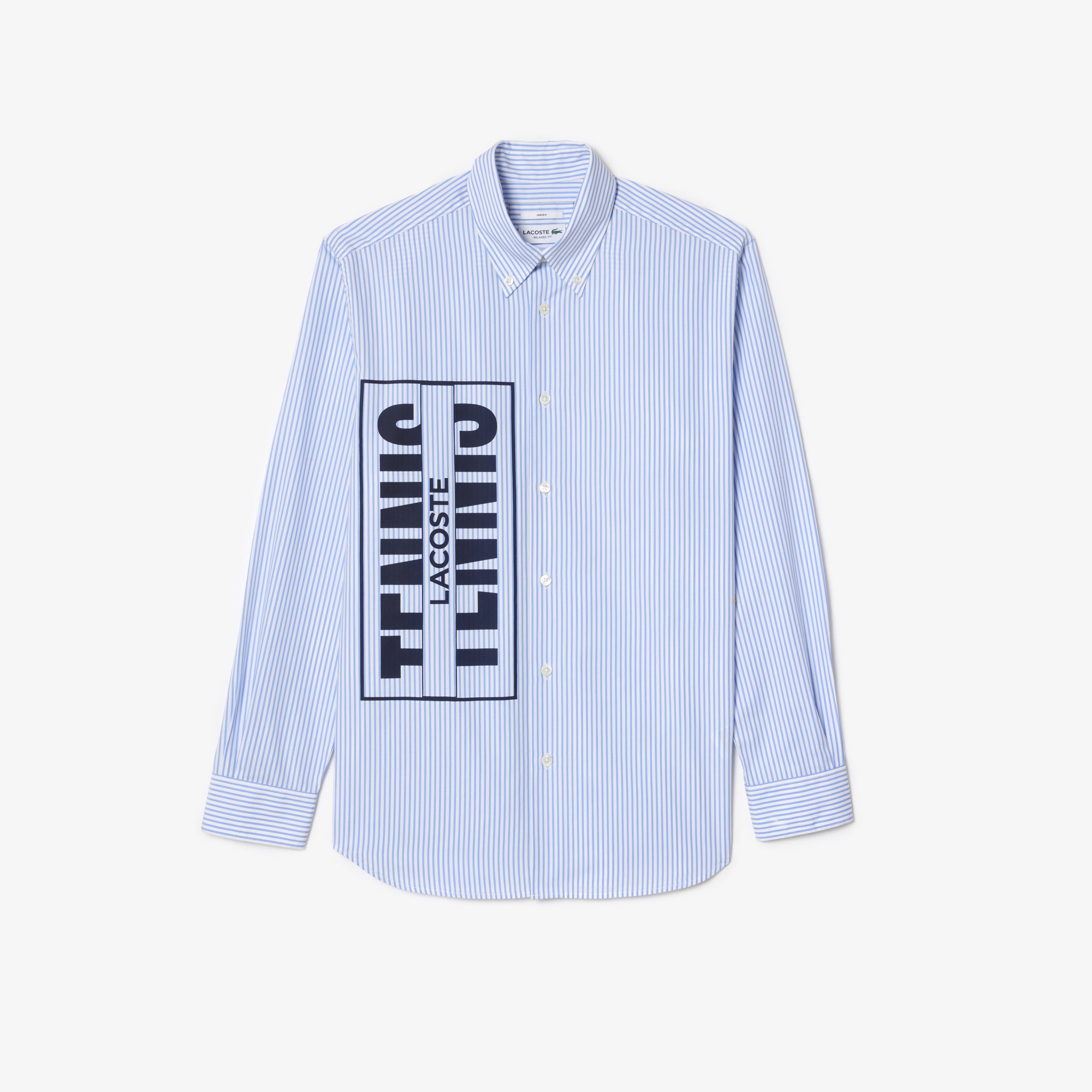 Lacoste Unisex Relaxed Fit Düğmeli Yaka Çizgili Mavi Gömlek