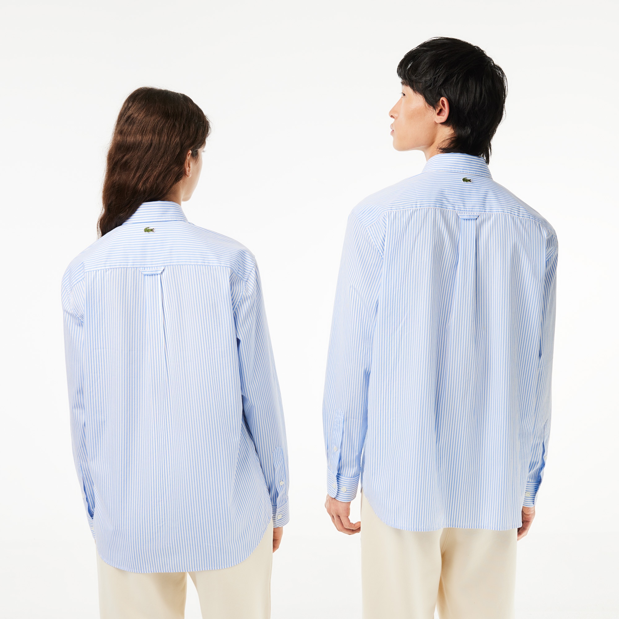 Lacoste Unisex Relaxed Fit Düğmeli Yaka Çizgili Mavi Gömlek