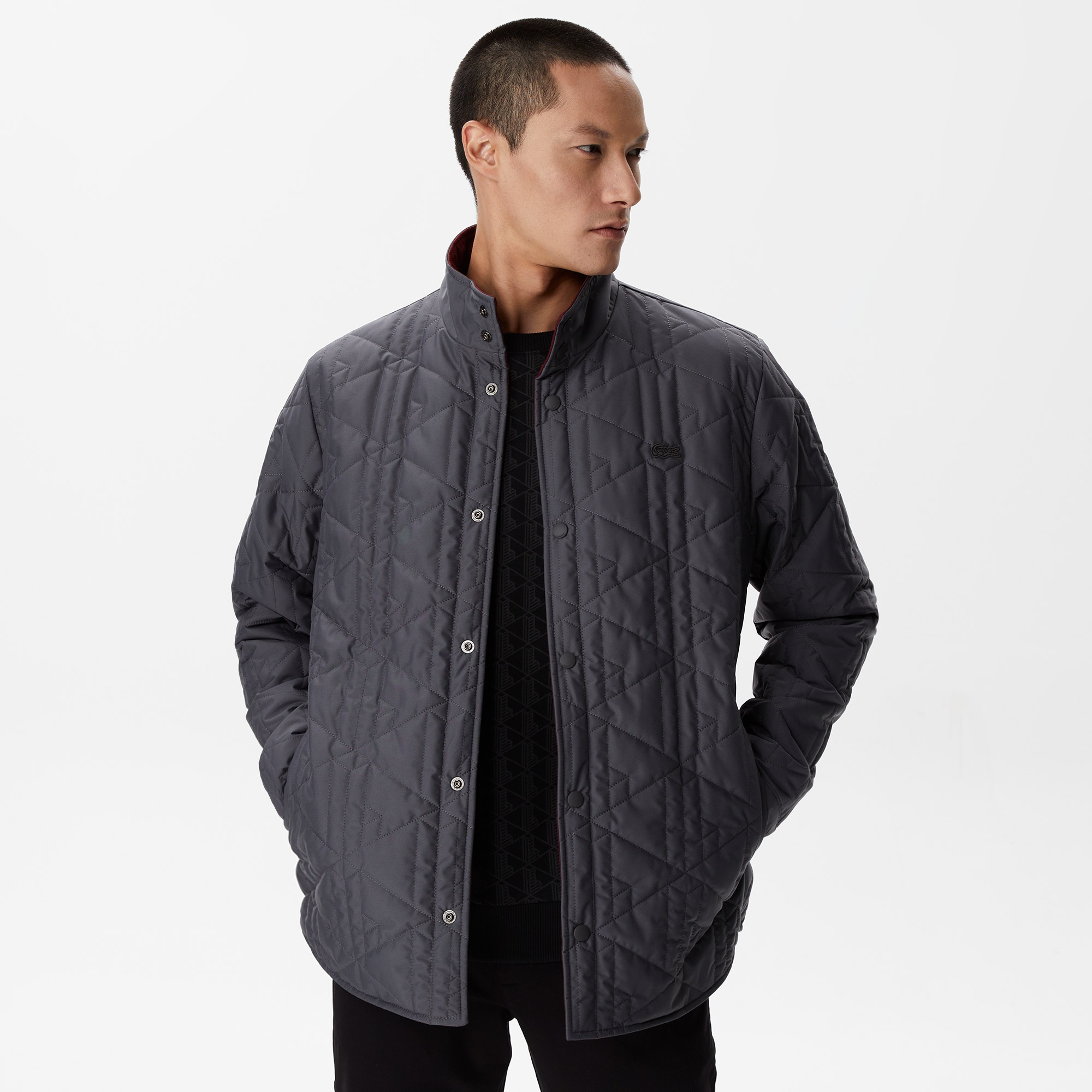 Lacoste Erkek Kapüşonlu Monogram Koyu Gri Mont