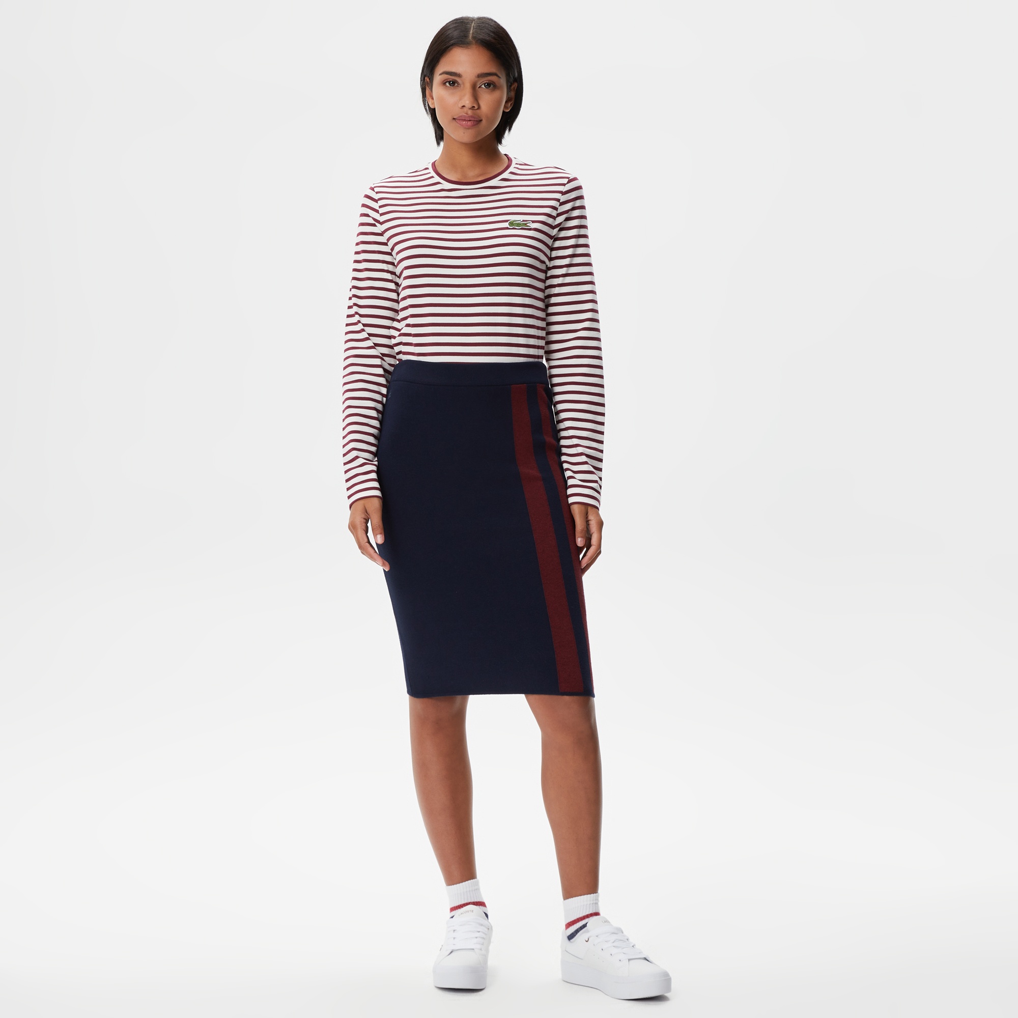 Lacoste Kadın Regular Fit Uzun Kollu Bisiklet Yaka Çizgili Bordo T-Shirt