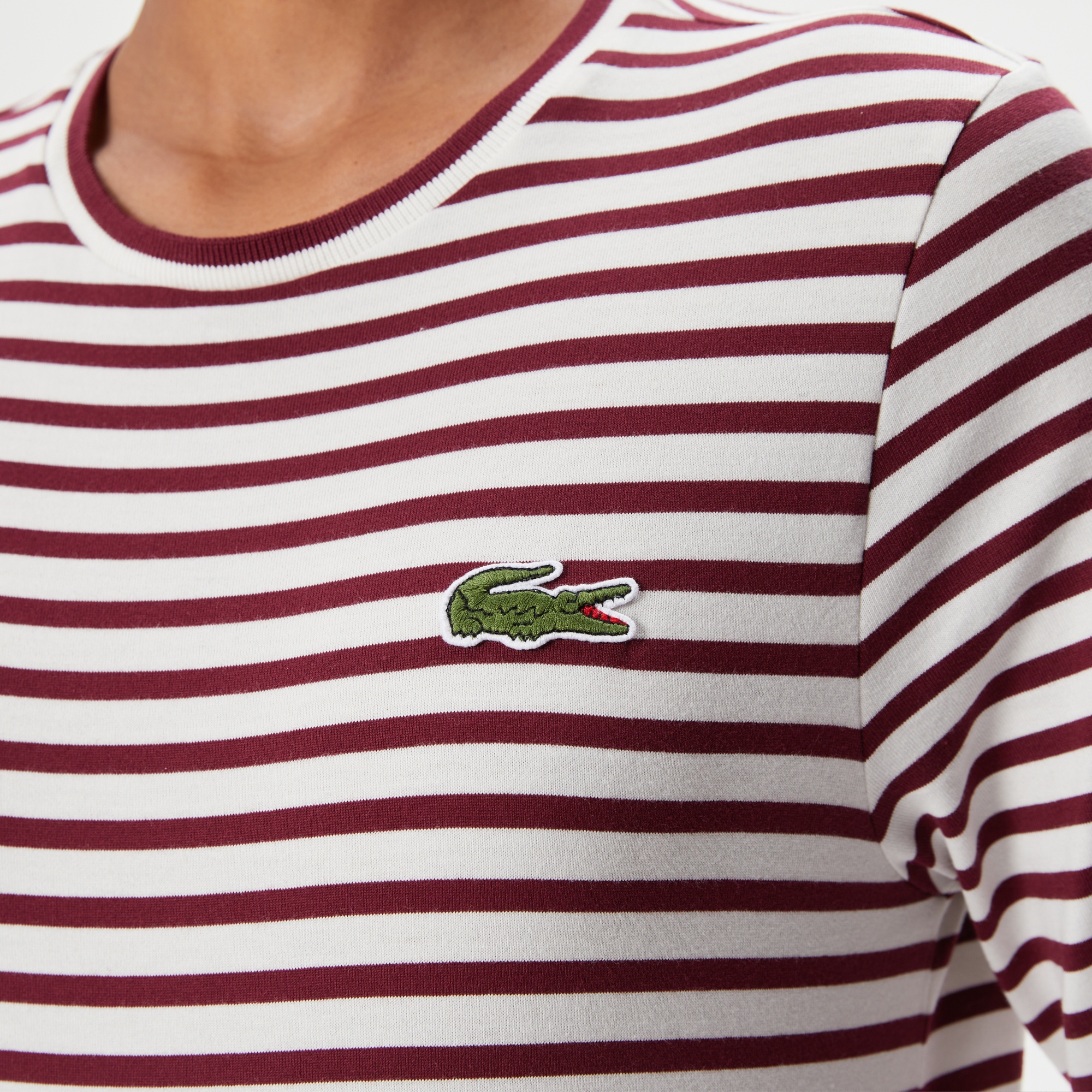 Lacoste Kadın Regular Fit Uzun Kollu Bisiklet Yaka Çizgili Bordo T-Shirt