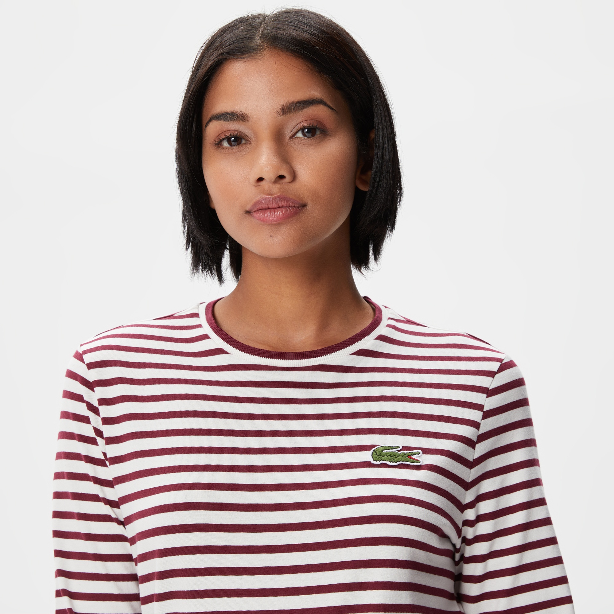 Lacoste Kadın Regular Fit Uzun Kollu Bisiklet Yaka Çizgili Bordo T-Shirt