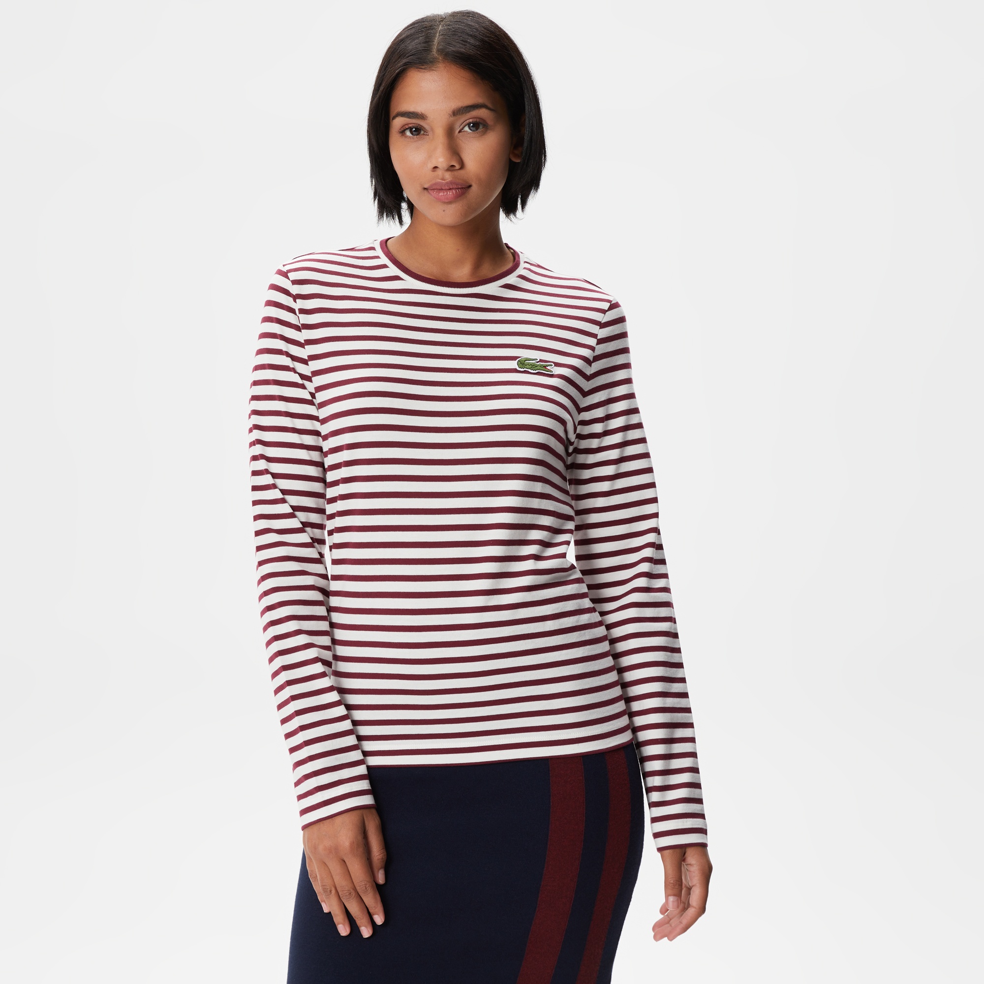 Lacoste Kadın Regular Fit Uzun Kollu Bisiklet Yaka Çizgili Bordo T-Shirt