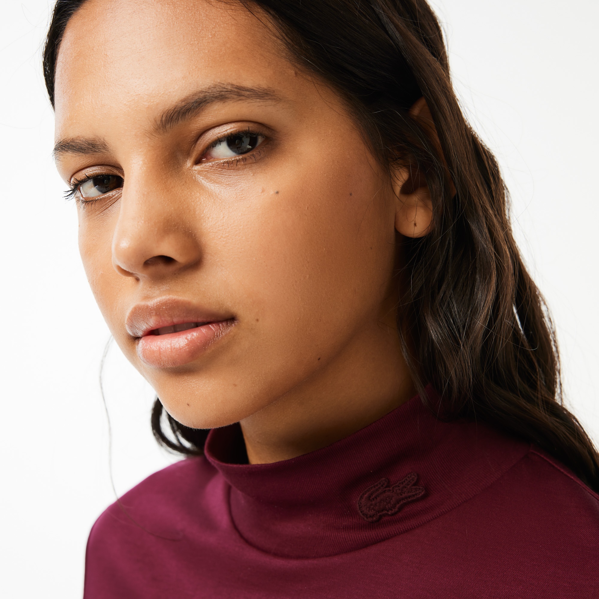 Lacoste Kadın Slim Fit Uzun Kollu Dik Yaka Bordo T-Shirt