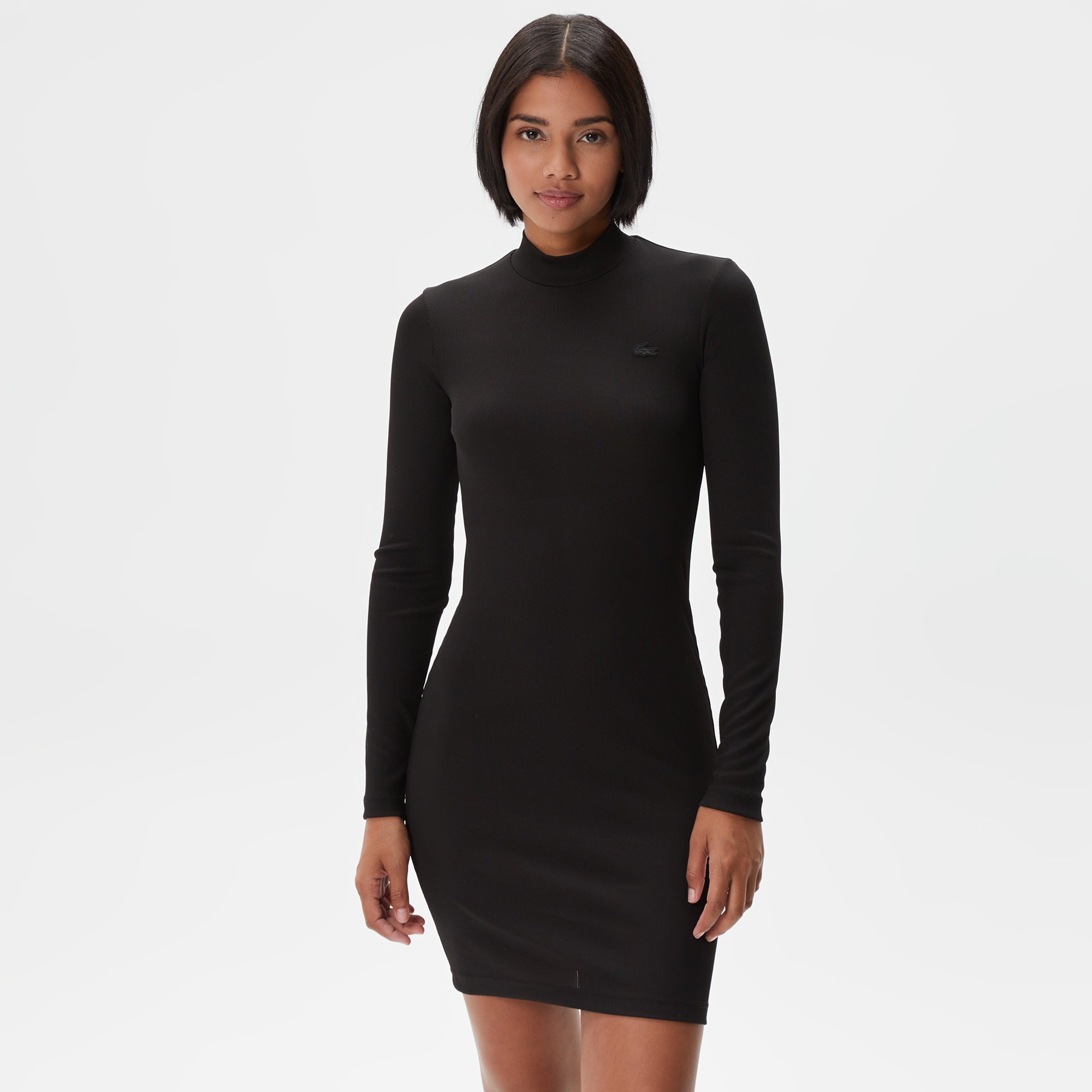 Lacoste Kadın Slim Fit Uzun Kollu Dik Yaka Siyah Elbise