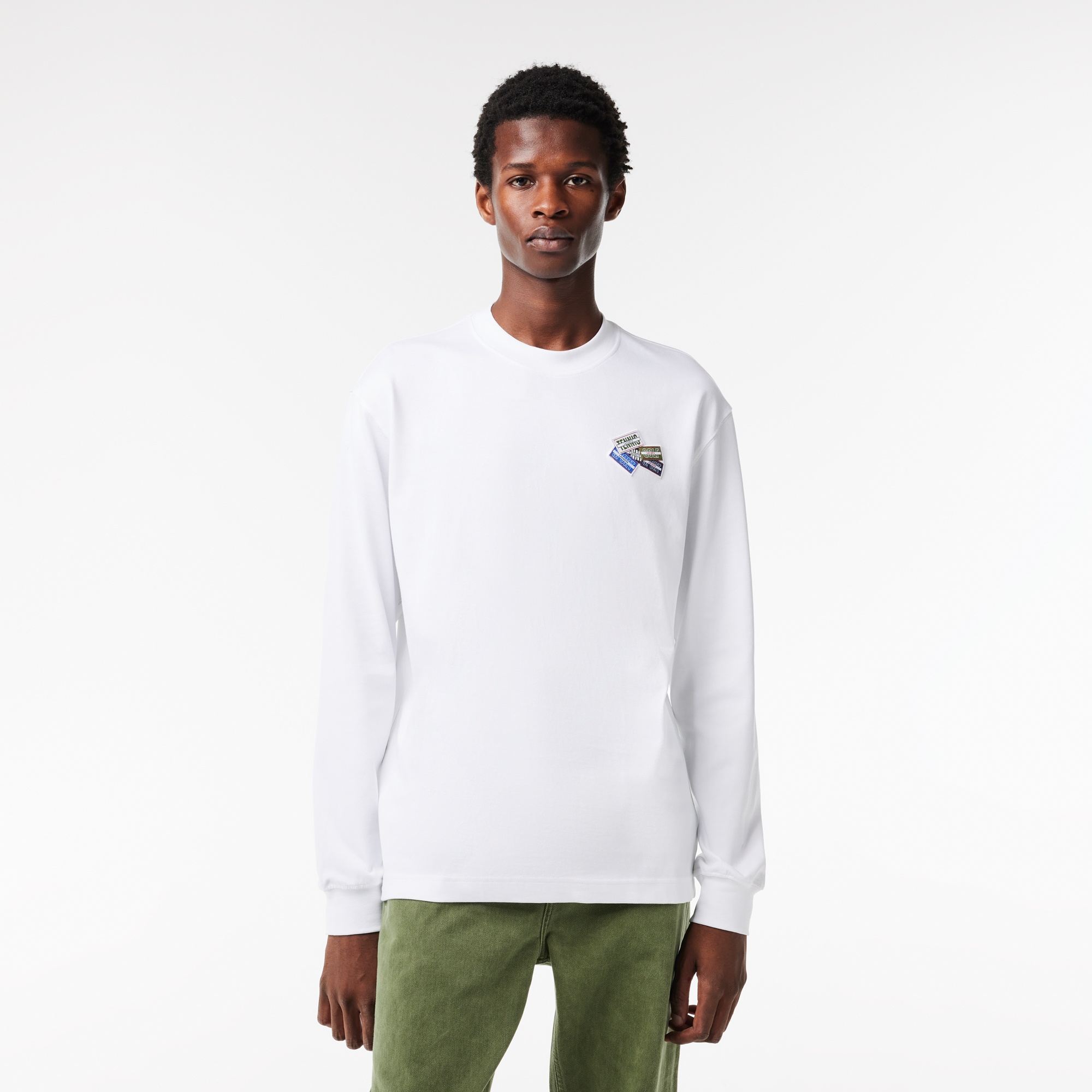 Lacoste Erkek Relaxed Fit Uzun Kollu Bisiklet Yaka Baskılı Beyaz T-Shirt