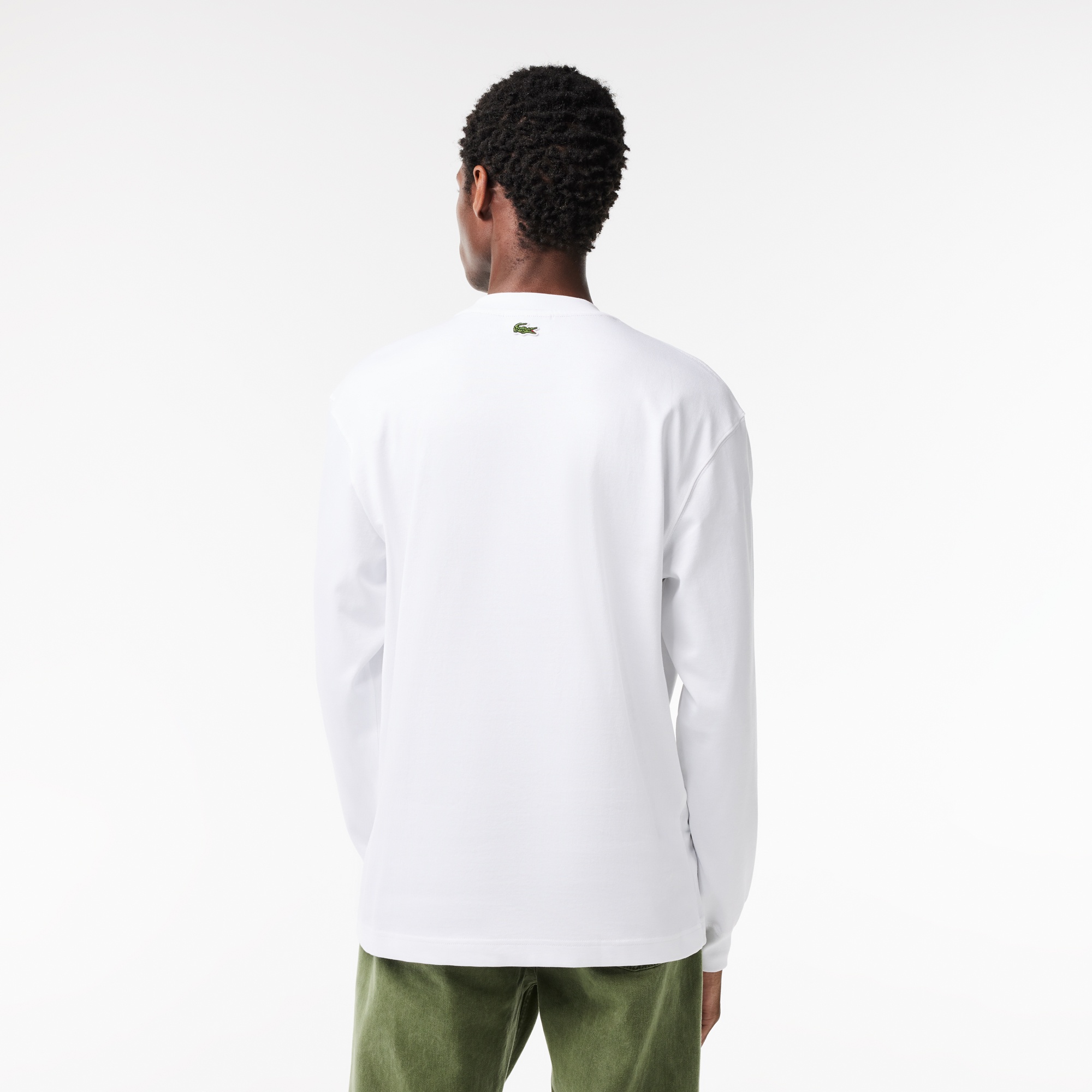 Lacoste Erkek Relaxed Fit Uzun Kollu Bisiklet Yaka Baskılı Beyaz T-Shirt