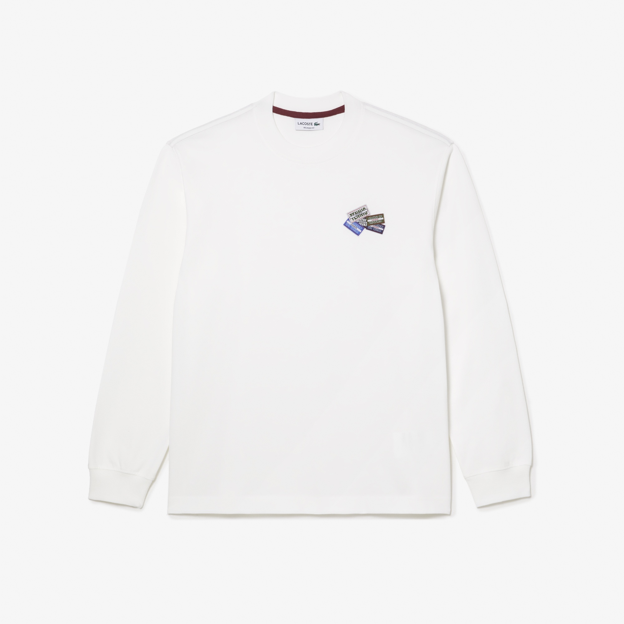 Lacoste Erkek Relaxed Fit Uzun Kollu Bisiklet Yaka Baskılı Beyaz T-Shirt