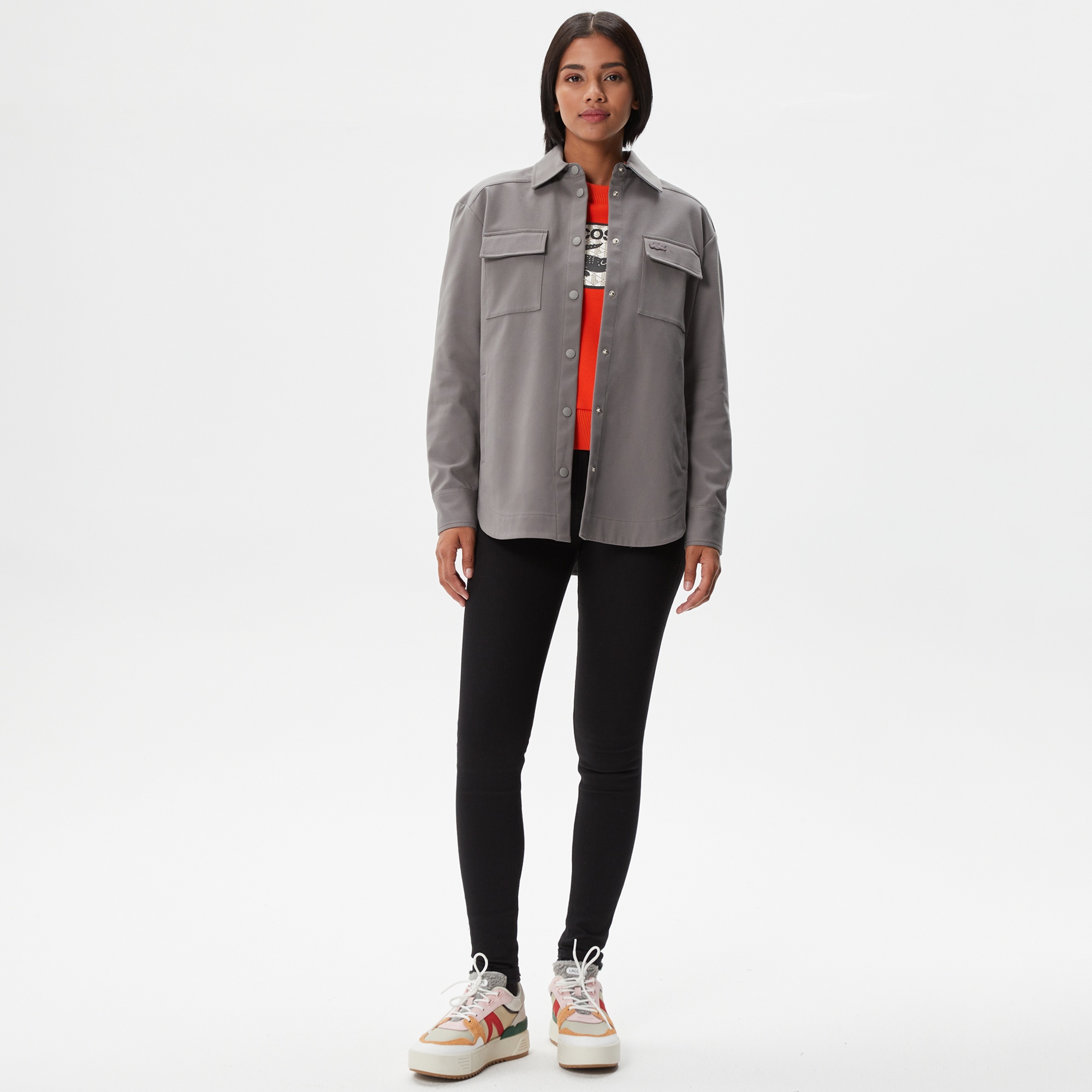 Lacoste Kadın Relaxed Fit Uzun Kollu Gri Gömlek