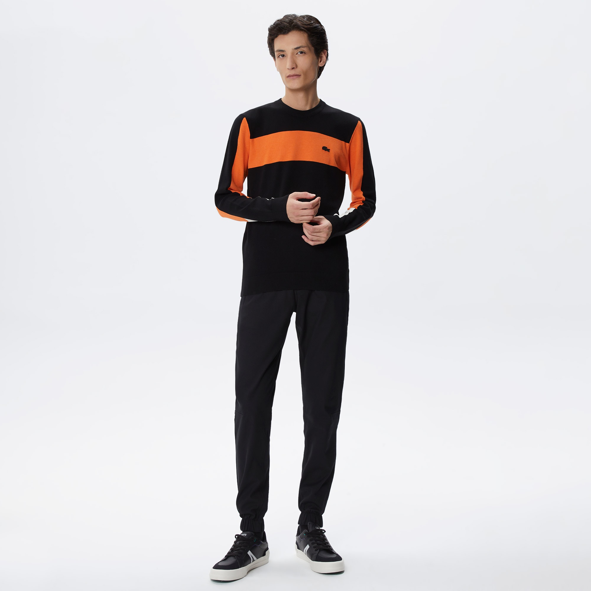 Lacoste Erkek Regular Fit Uzun Kollu Bisiklet Yaka Renk Bloklu Siyah Triko