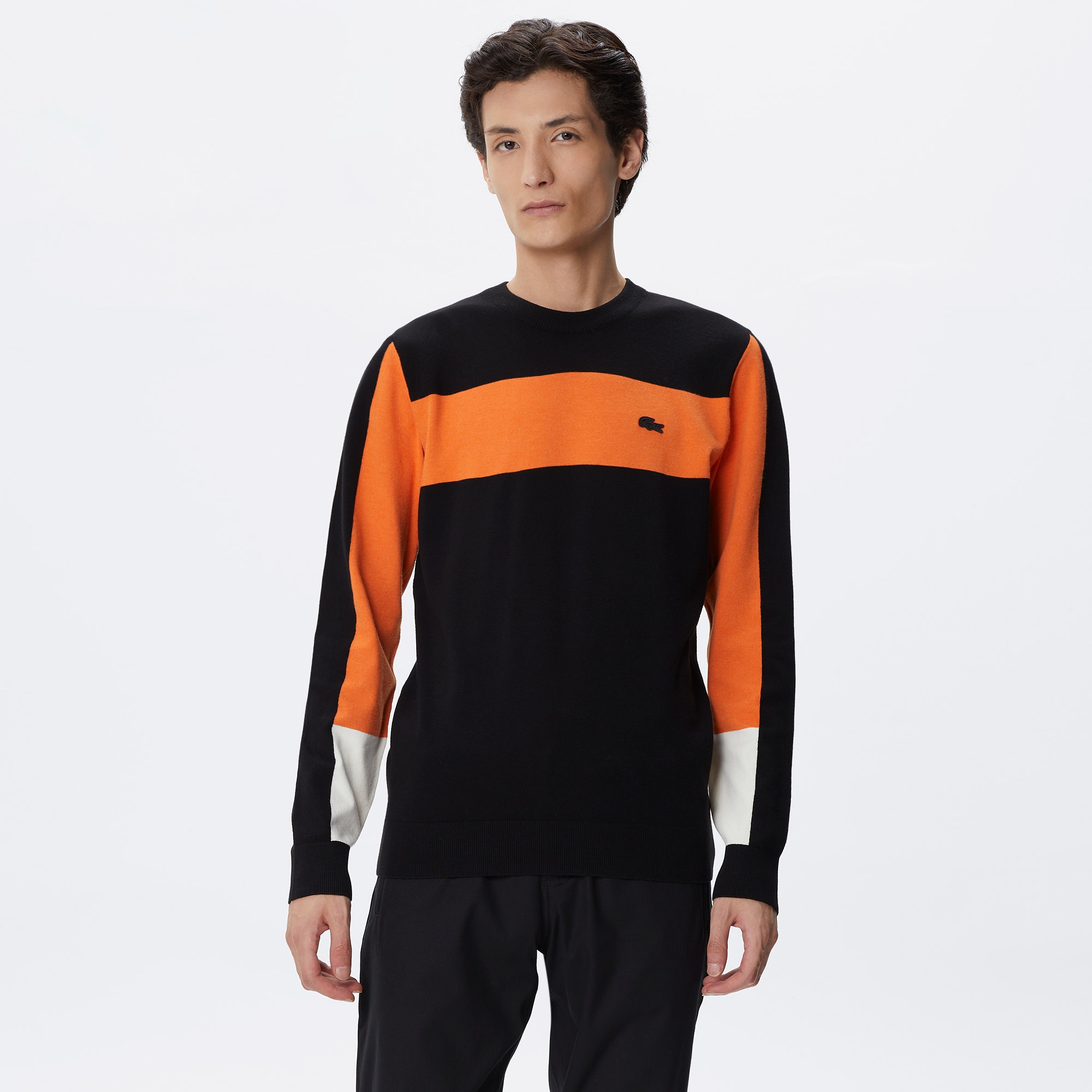 Lacoste Erkek Regular Fit Uzun Kollu Bisiklet Yaka Renk Bloklu Siyah Triko