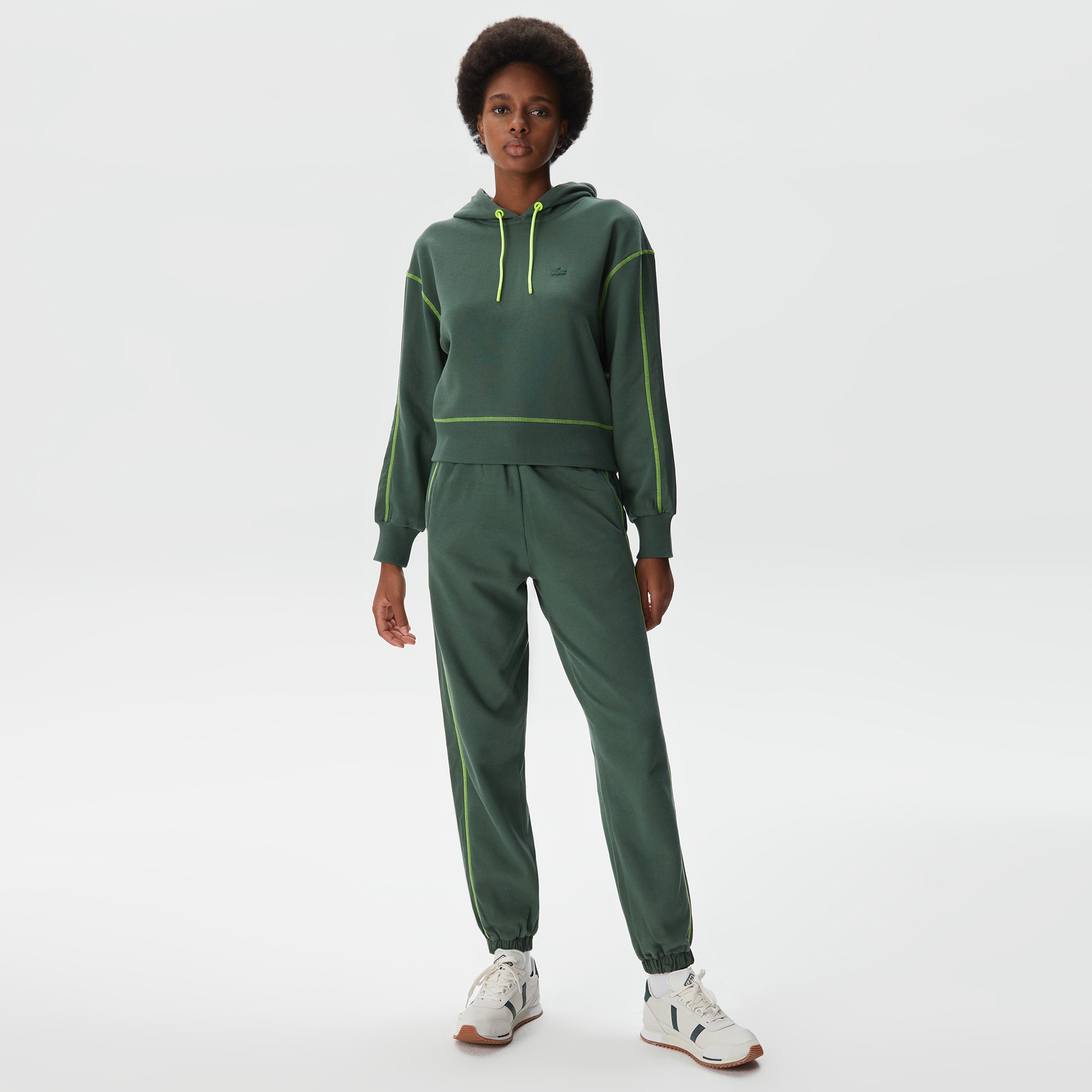 Lacoste Kadın Relaxed Fit Kapüşonlu Renk Bloklu Haki Sweatshirt