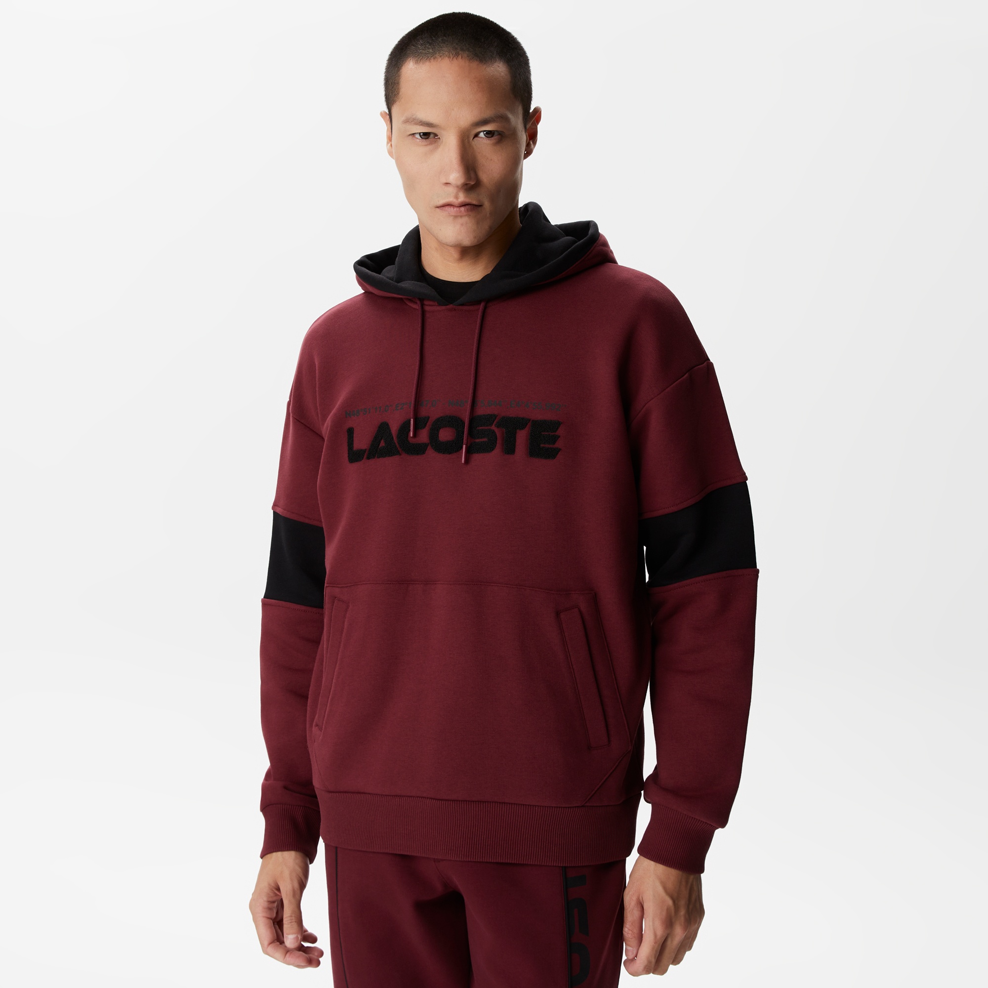 Lacoste Erkek Relaxed Fit Kapüşonlu Renk Bloklu Bordo Sweatshirt