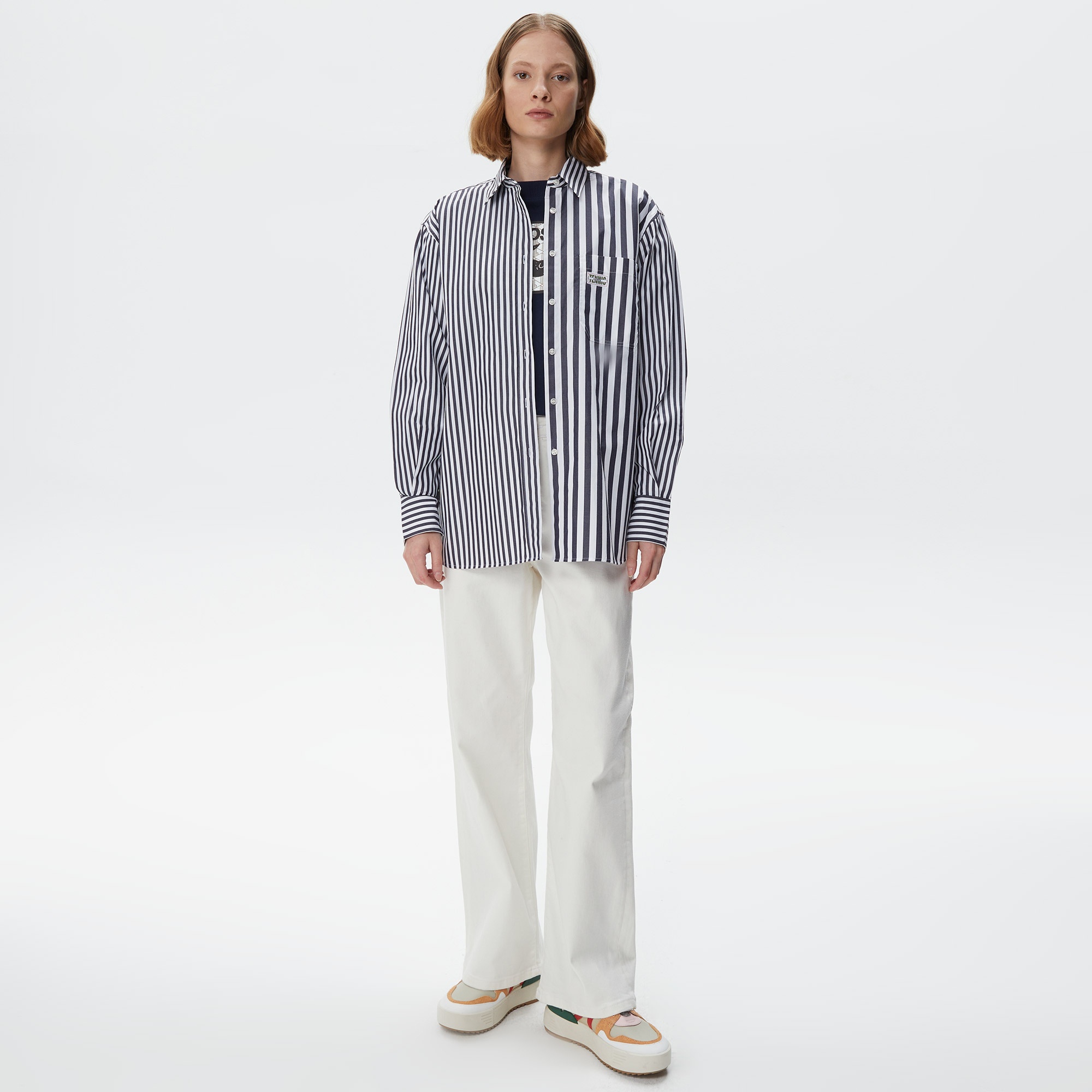 Lacoste Kadın Uzun Kollu Çizgili Beyaz Gömlek