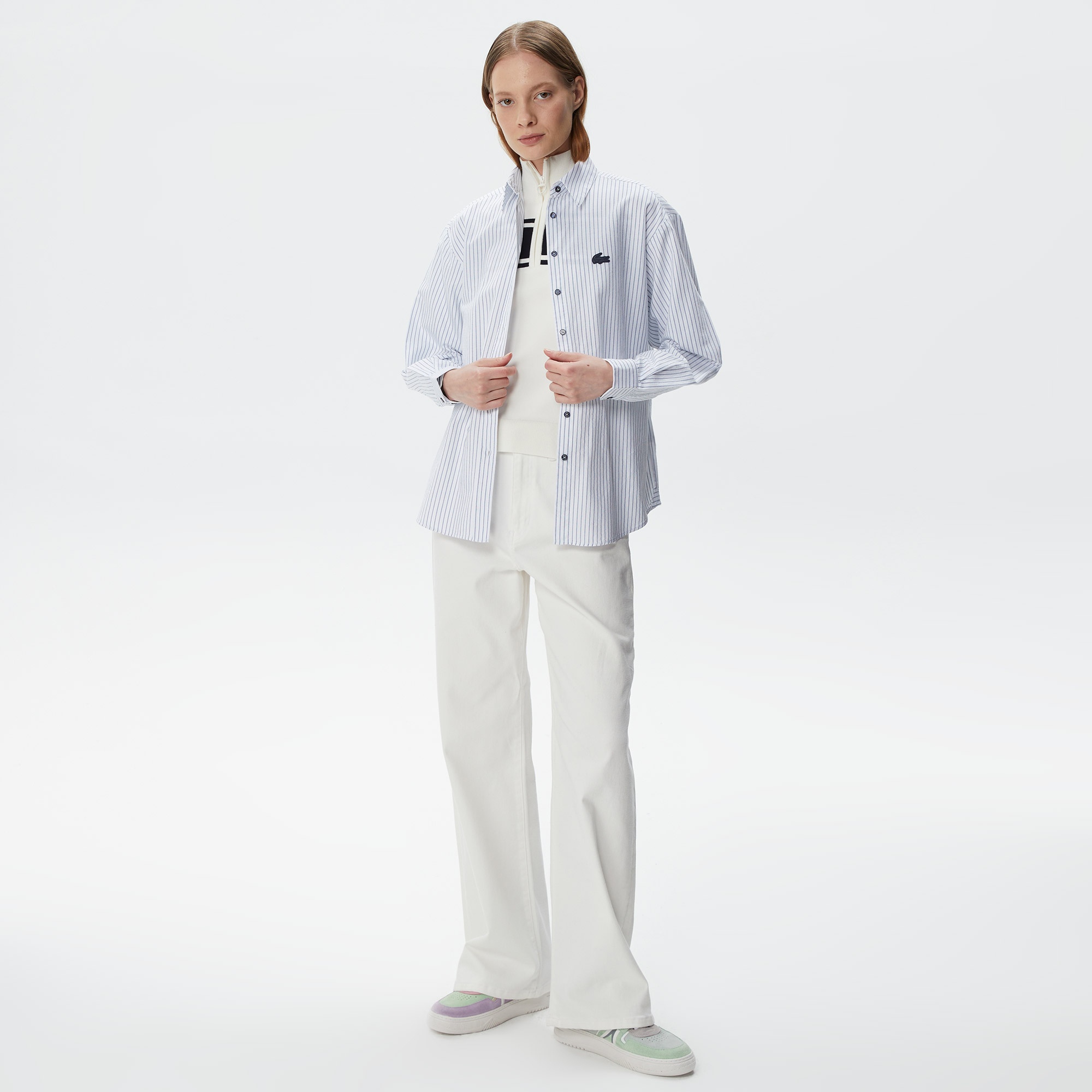 Lacoste Kadın Oversized Uzun Kollu Çizgili Beyaz Gömlek