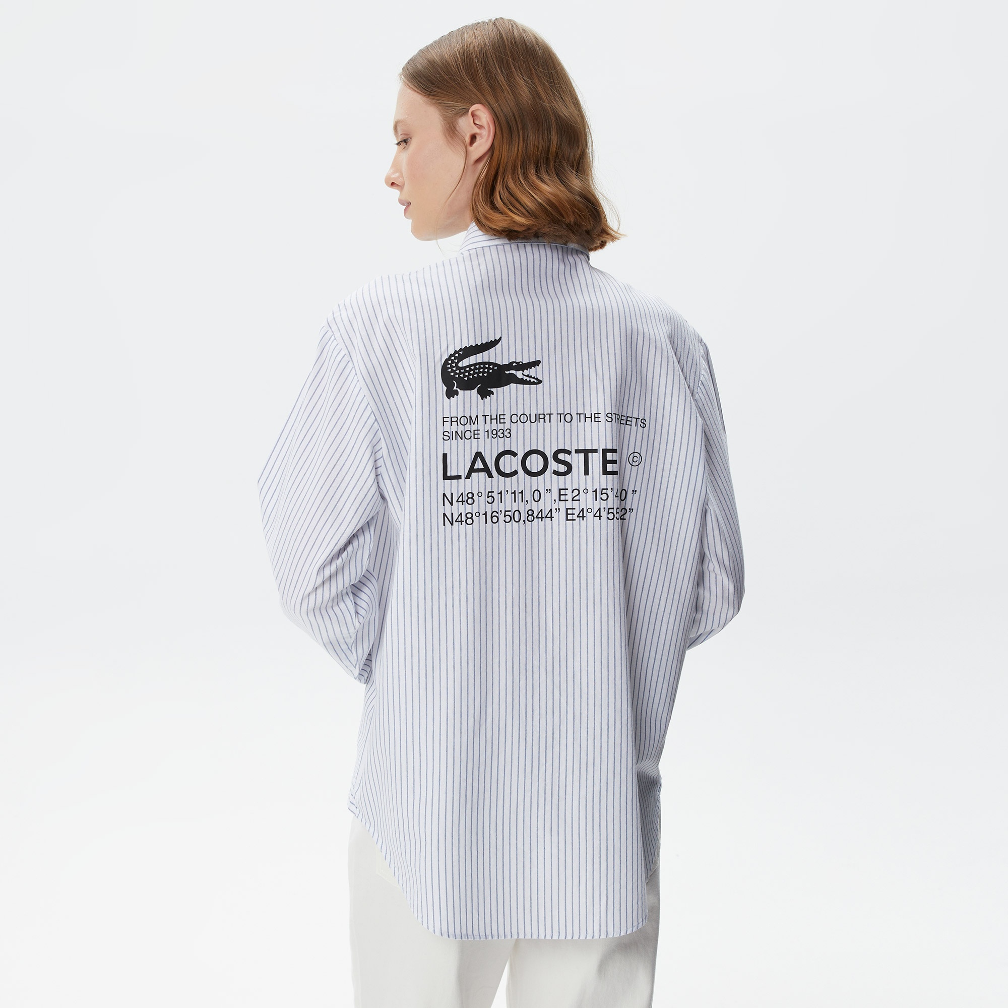 Lacoste Kadın Oversized Uzun Kollu Çizgili Beyaz Gömlek