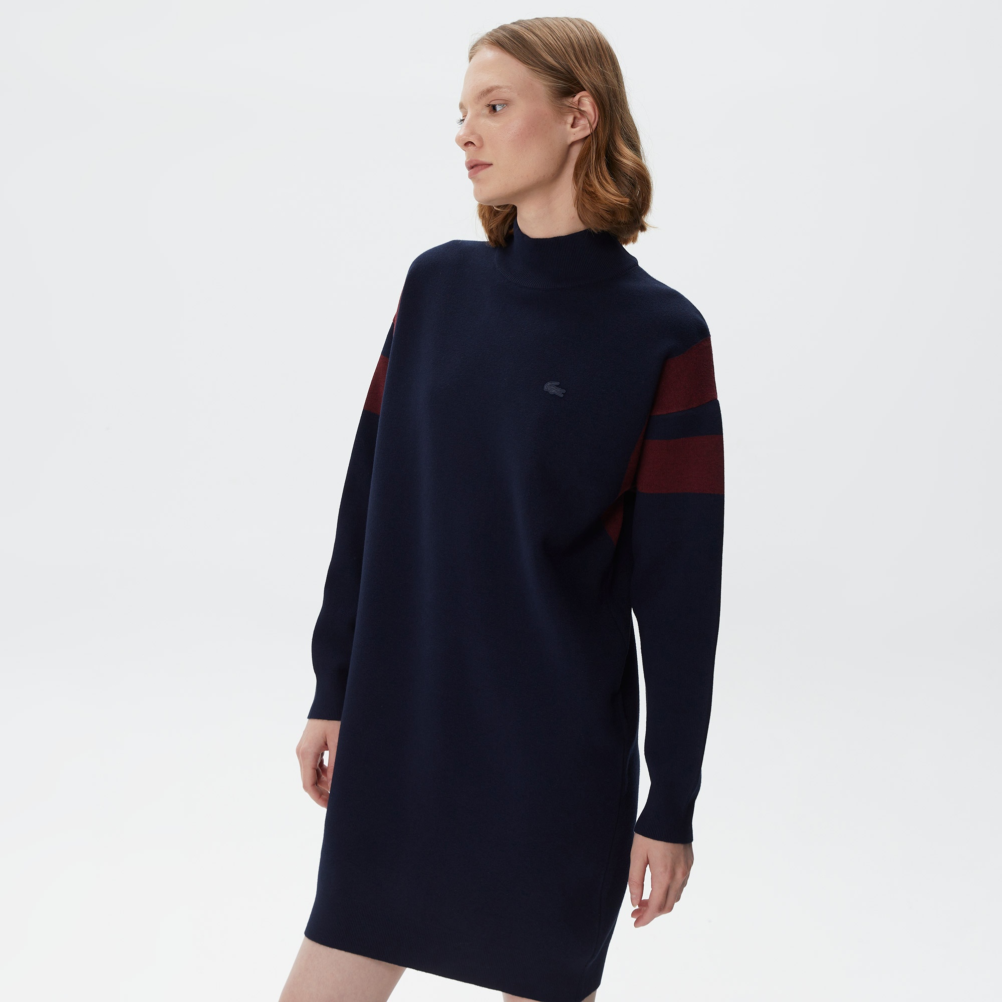 Lacoste Kadın Loose Fit Uzun Kollu Bisiklet Yaka Lacivert Elbise