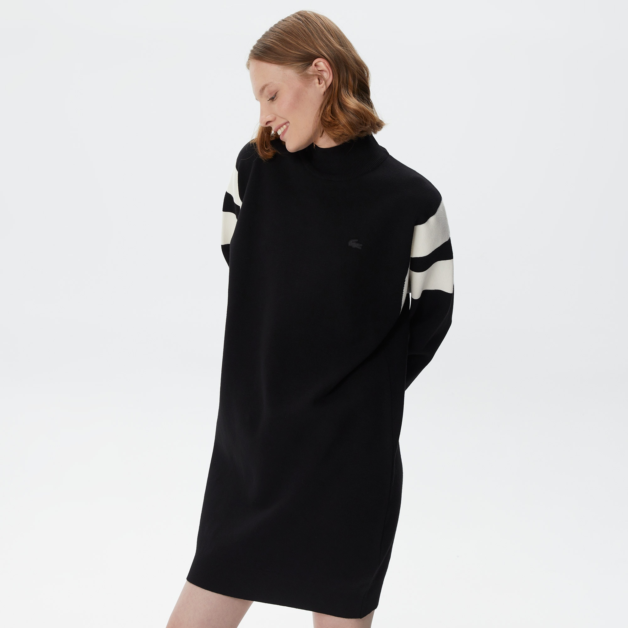 Lacoste Kadın Loose Fit Uzun Kollu Bisiklet Yaka Siyah Elbise