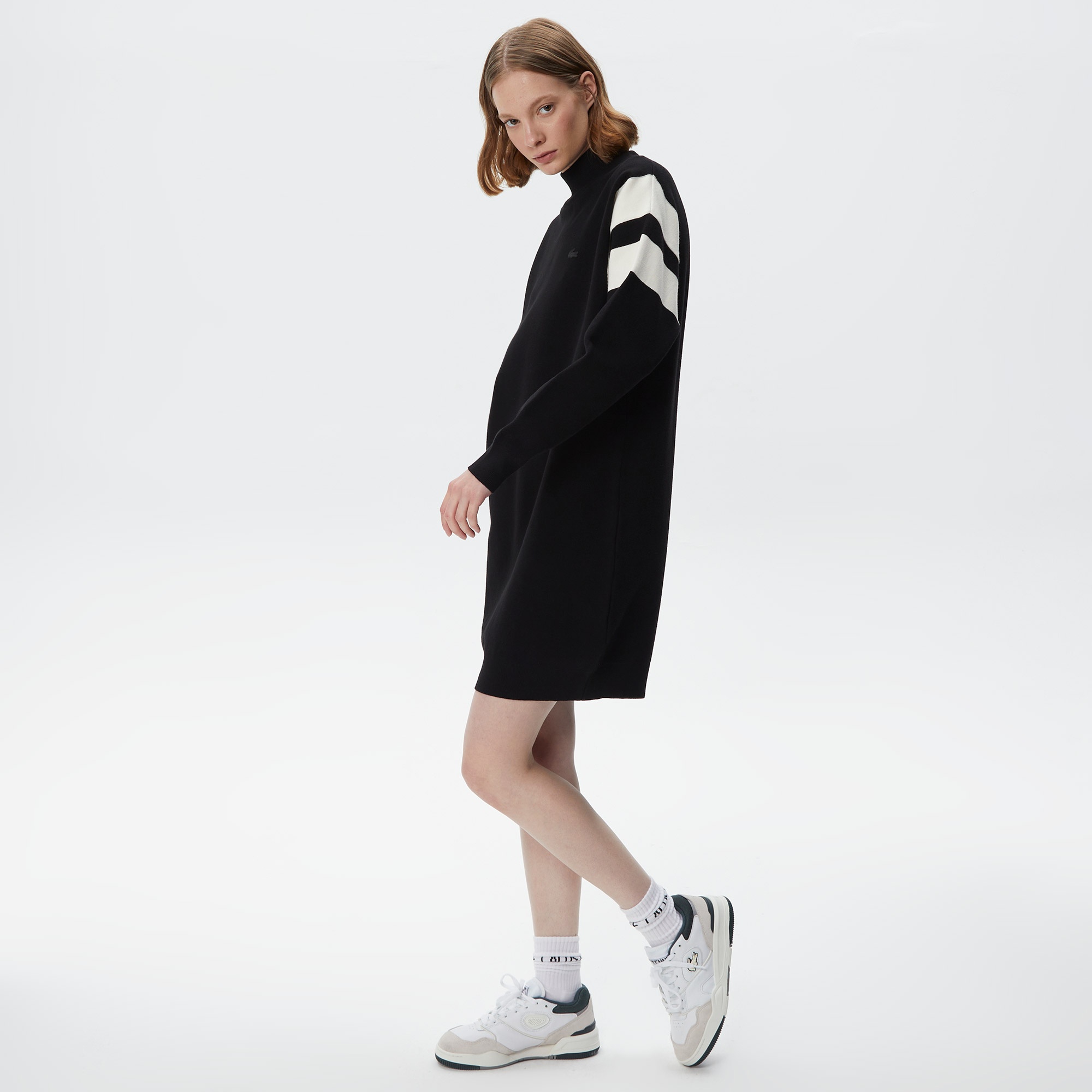 Lacoste Kadın Loose Fit Uzun Kollu Bisiklet Yaka Siyah Elbise