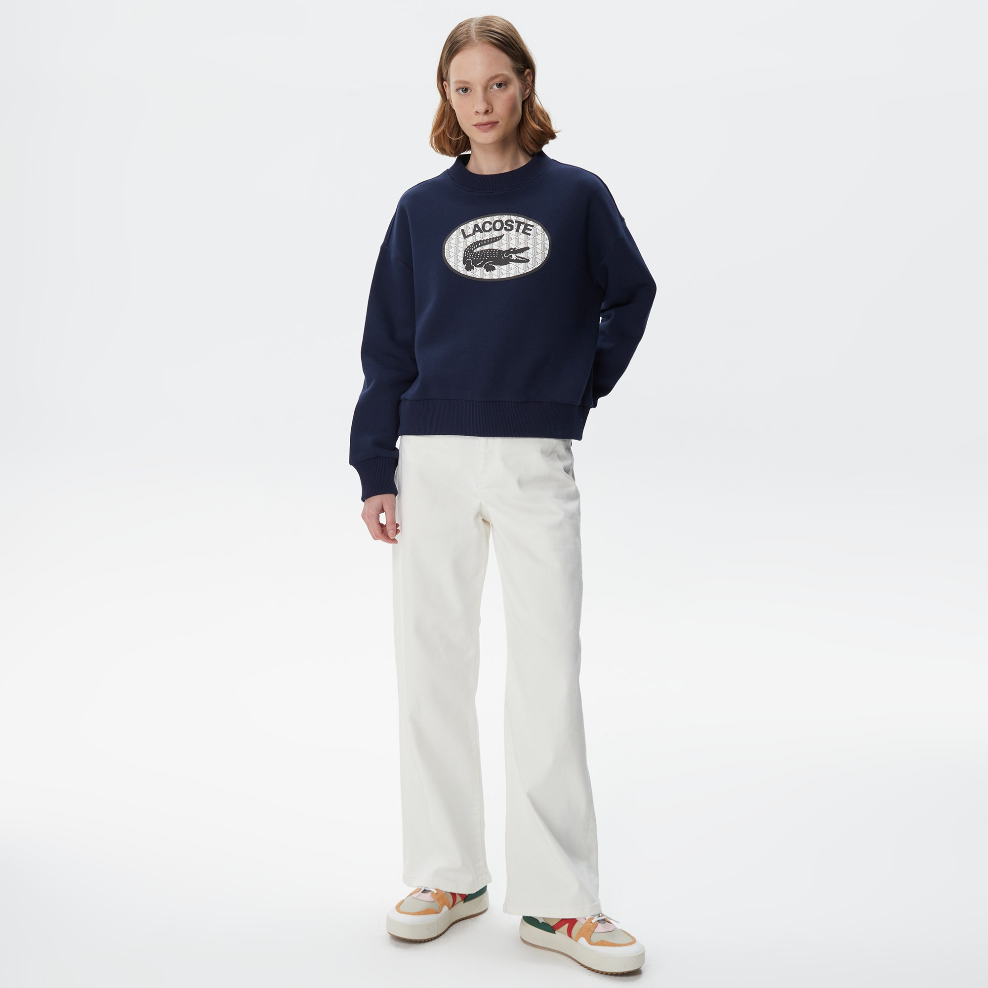 Lacoste Kadın Crop Fit Bisiklet Yaka Baskılı Lacivert Sweatshirt