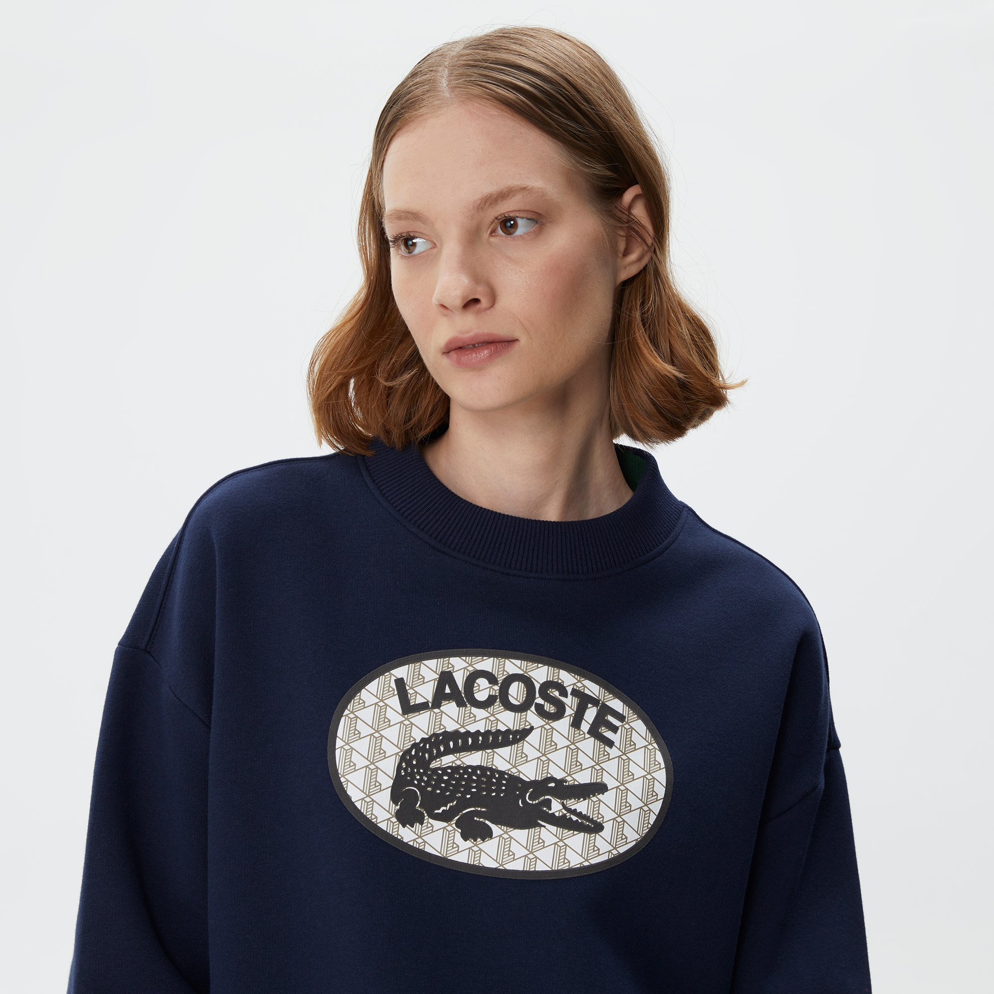 Lacoste Kadın Crop Fit Bisiklet Yaka Baskılı Lacivert Sweatshirt