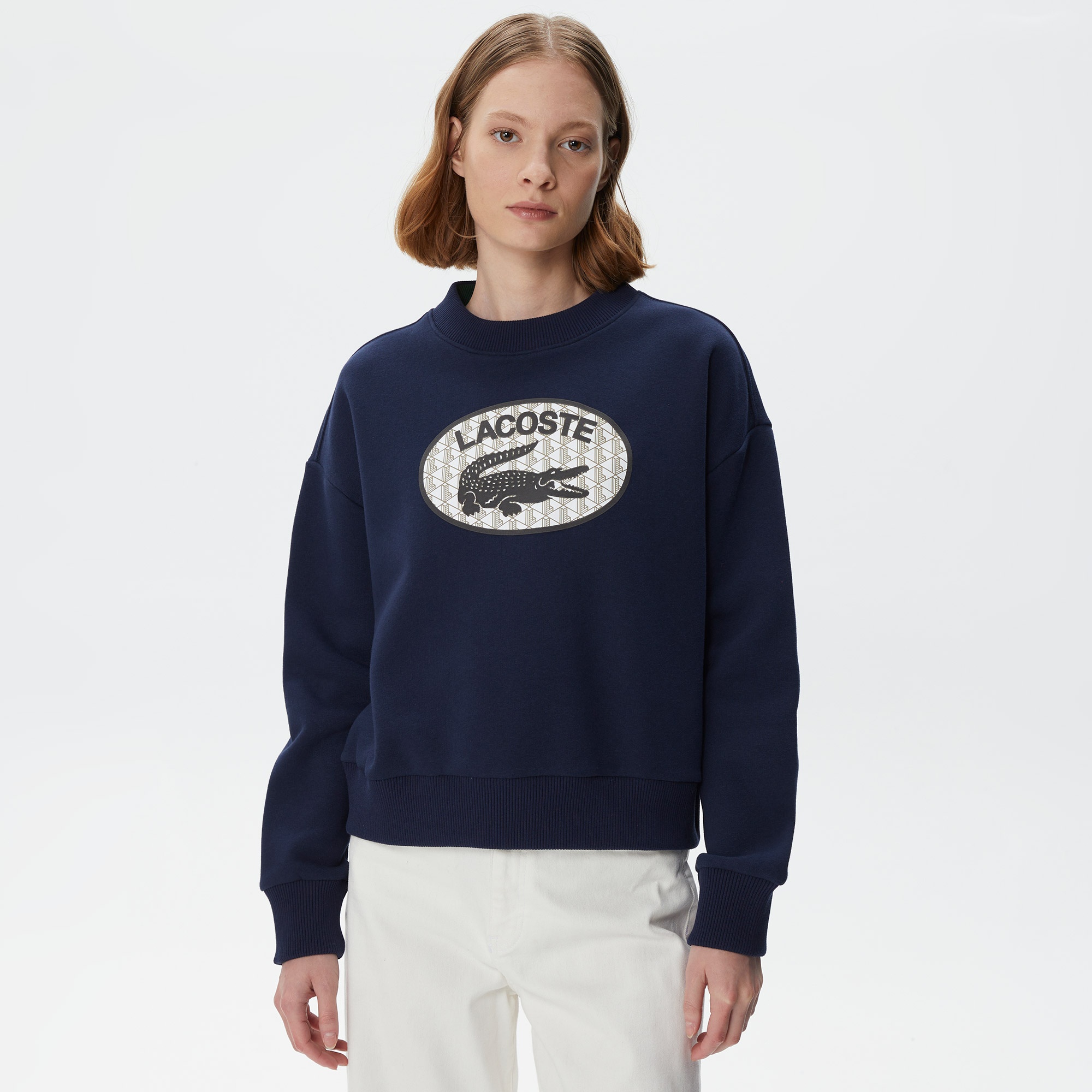 Lacoste Kadın Crop Fit Bisiklet Yaka Baskılı Lacivert Sweatshirt
