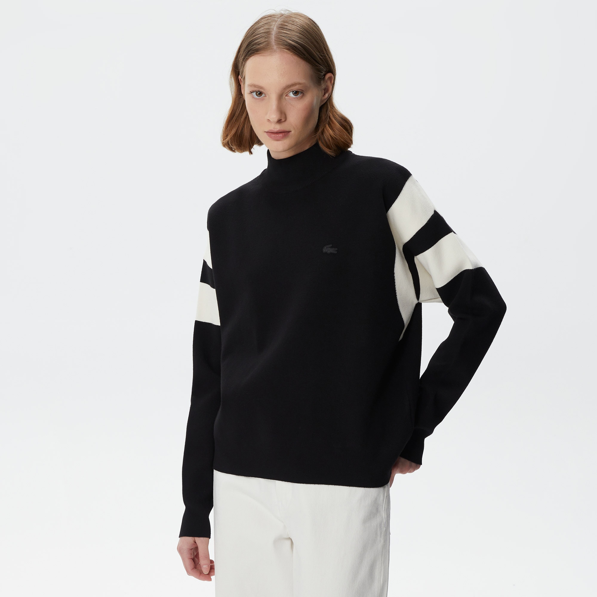 Lacoste Kadın Relaxed Fit Bisiklet Yaka Renk Bloklu Siyah Kazak