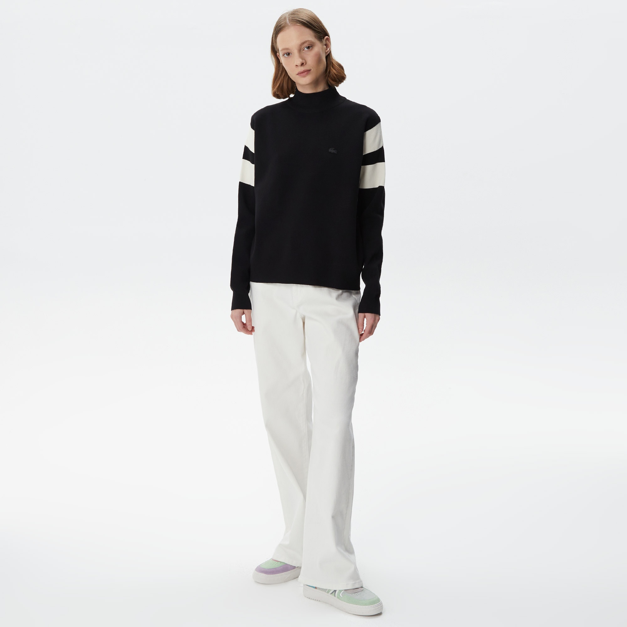 Lacoste Kadın Relaxed Fit Bisiklet Yaka Renk Bloklu Siyah Kazak