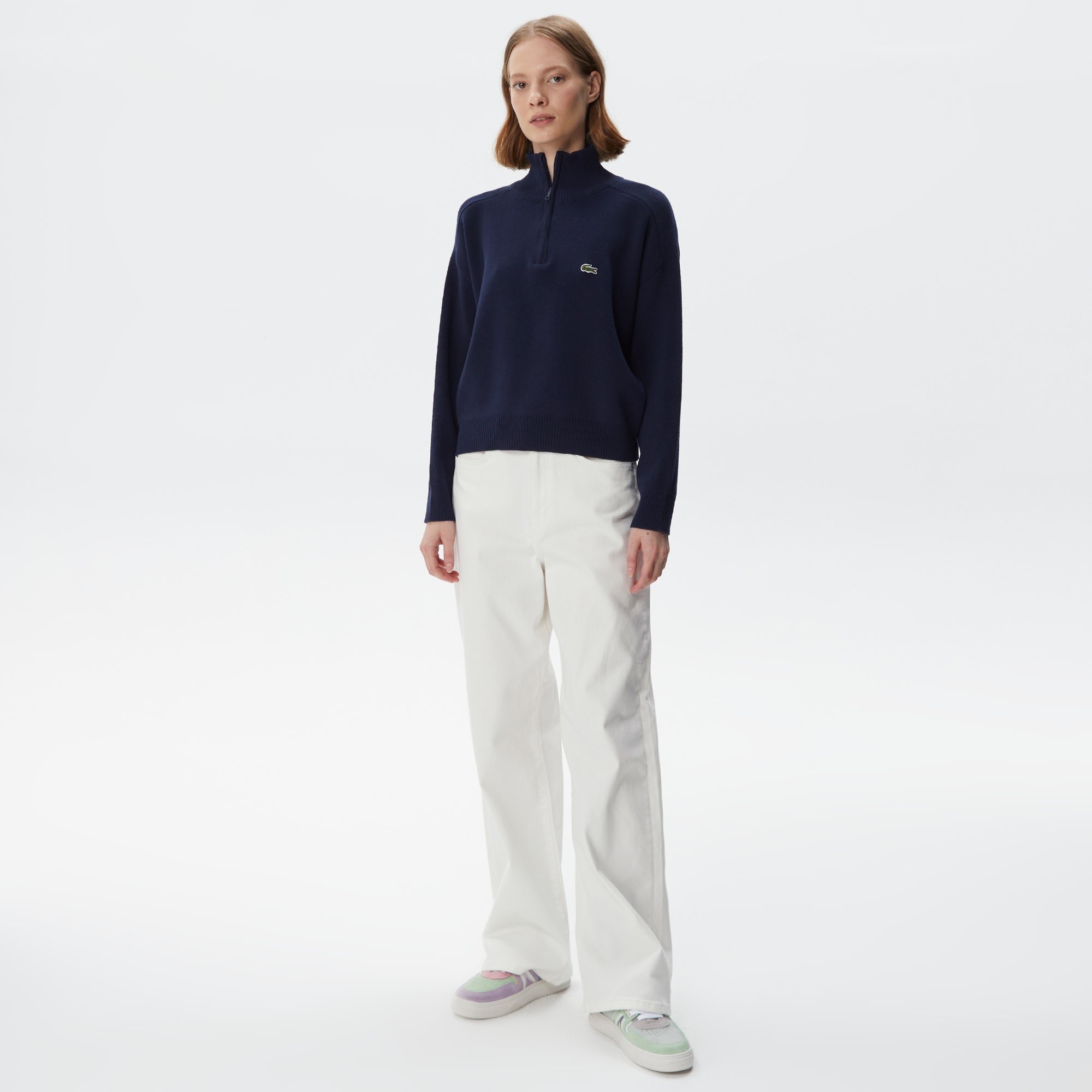 Lacoste Kadın Relaxed Fit Yarım Fermuarlı Lacivert Triko