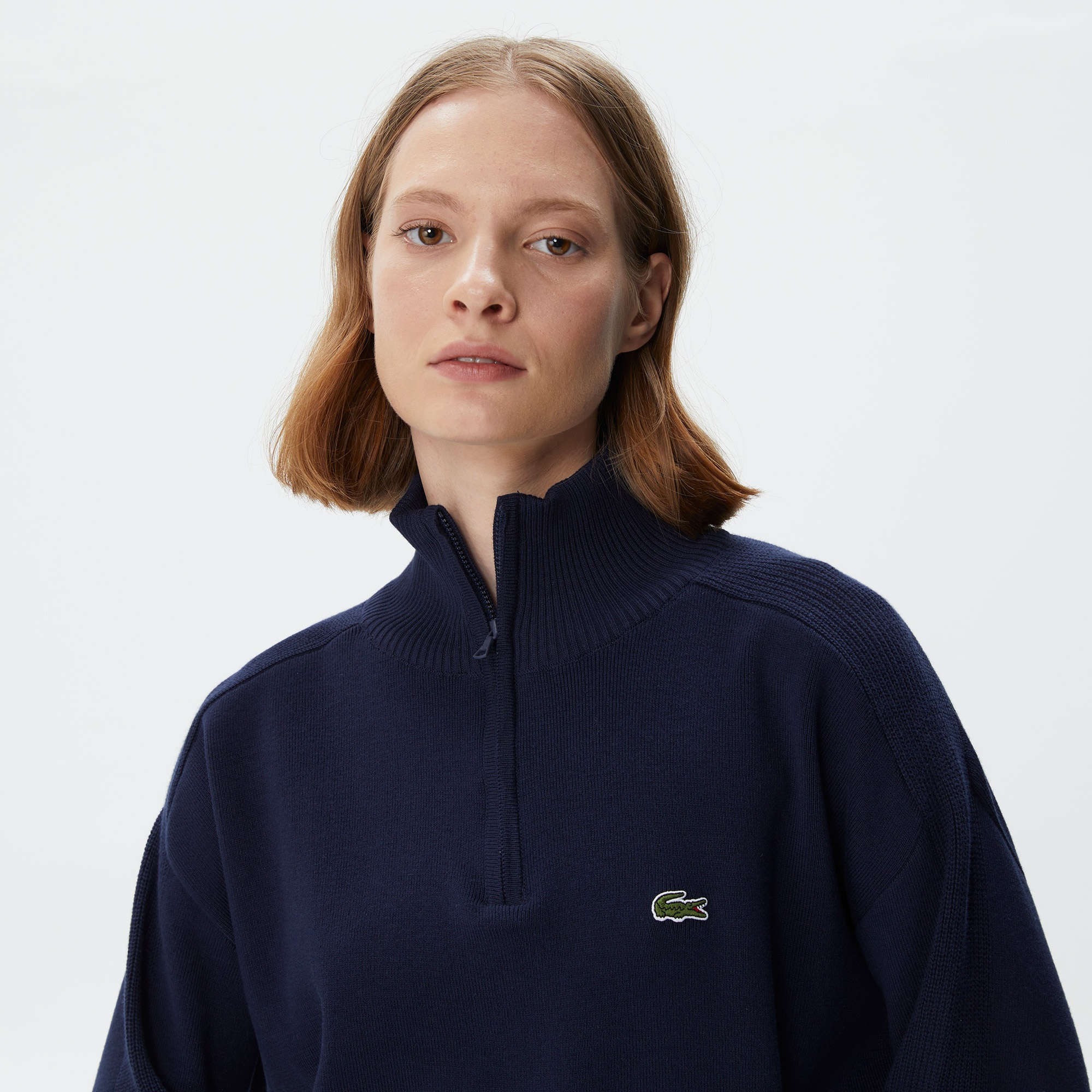 Lacoste Kadın Relaxed Fit Yarım Fermuarlı Lacivert Triko