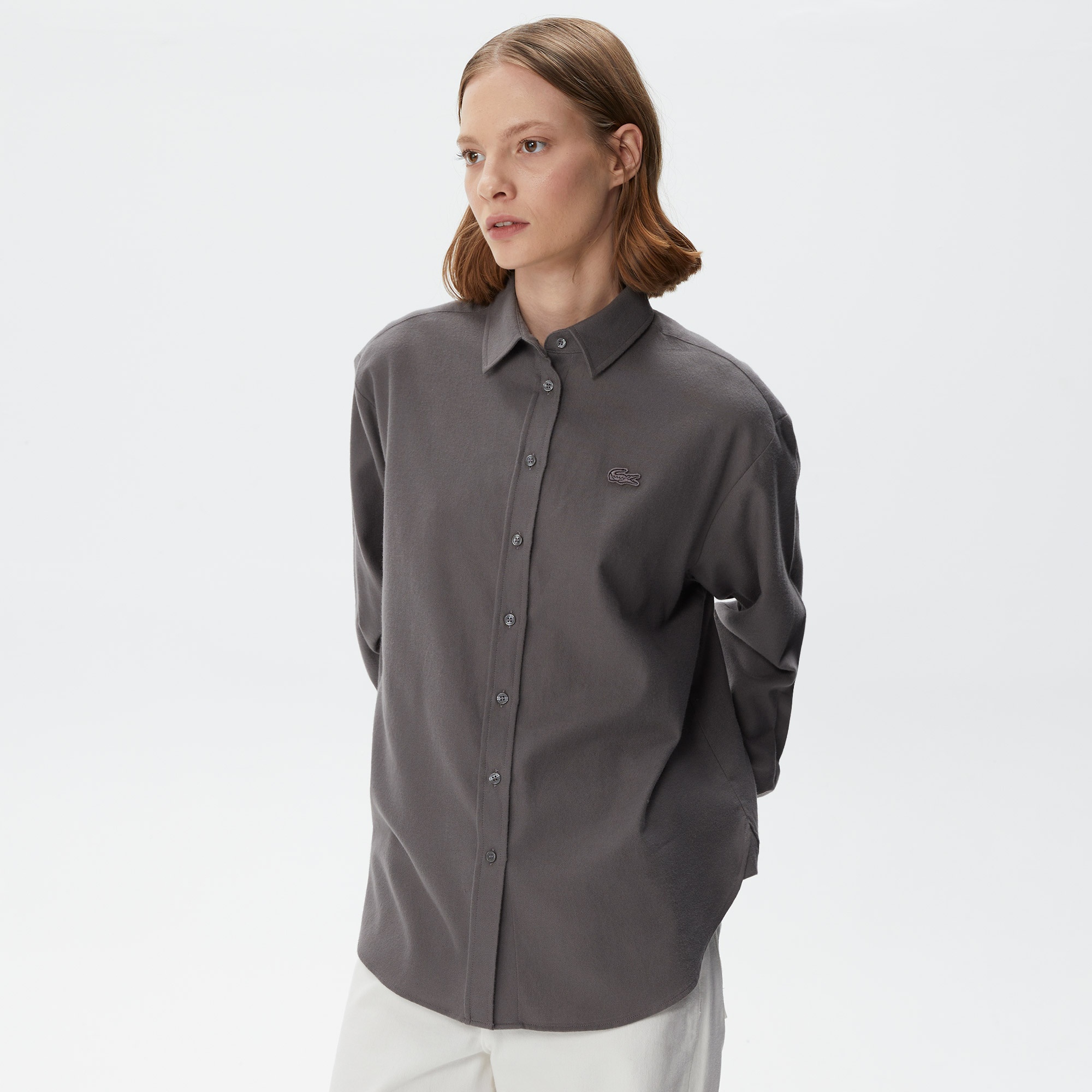 Lacoste Kadın Relaxed Fit Uzun Kollu Gri Gömlek