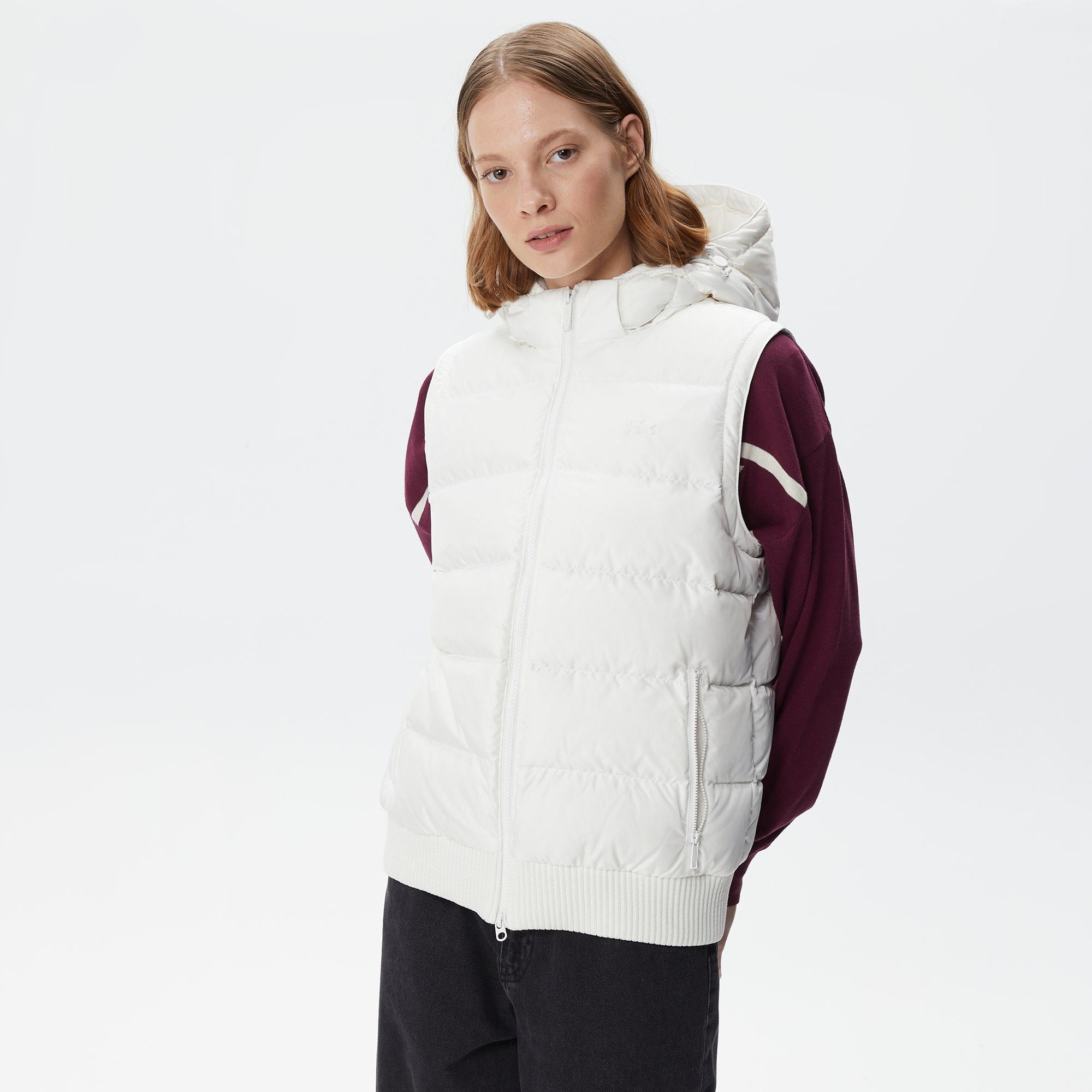 Lacoste Kadın Kapüşonlu Kapitone Beyaz Mont