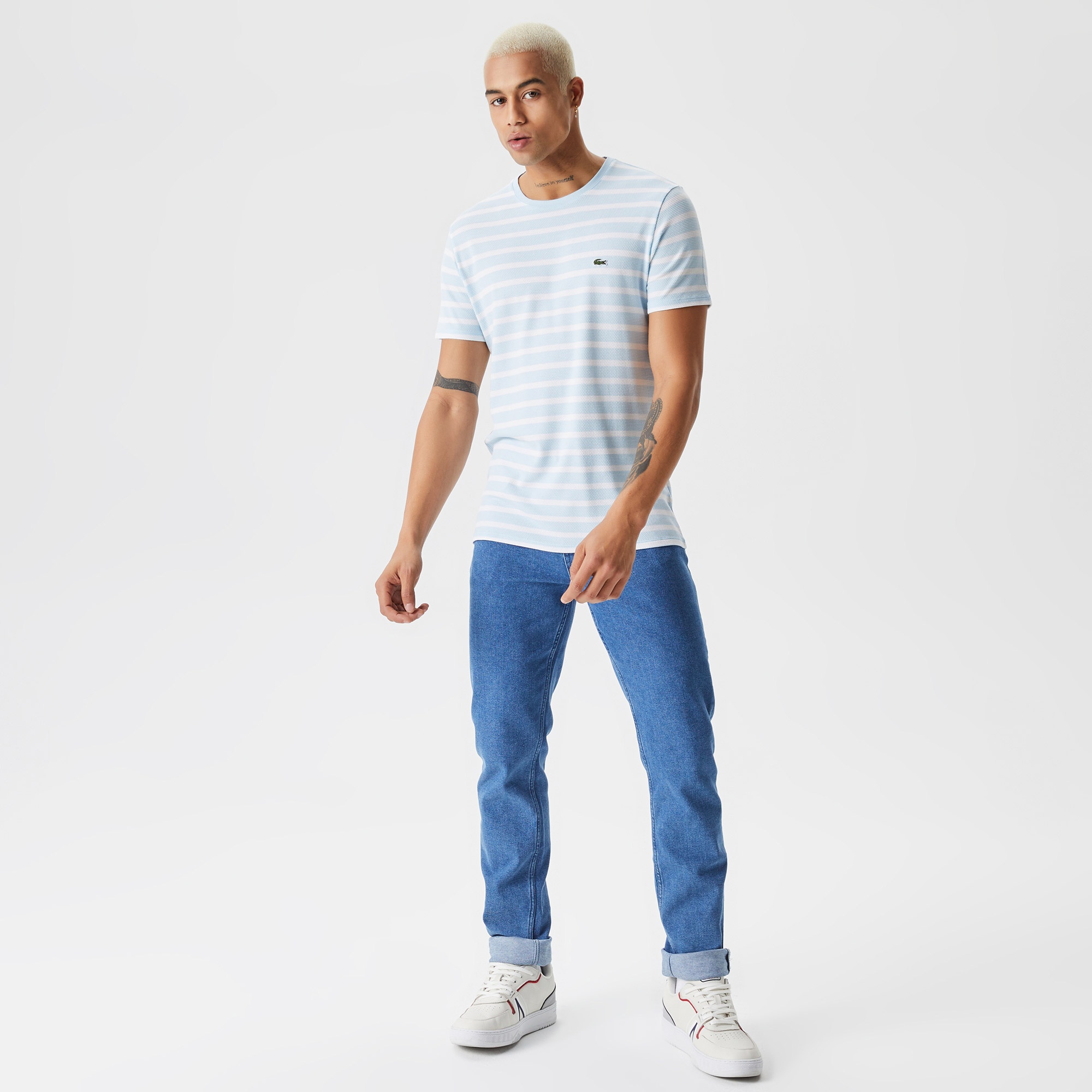 Lacoste Erkek Slim Fit Çizgili Mavi T-Shirt