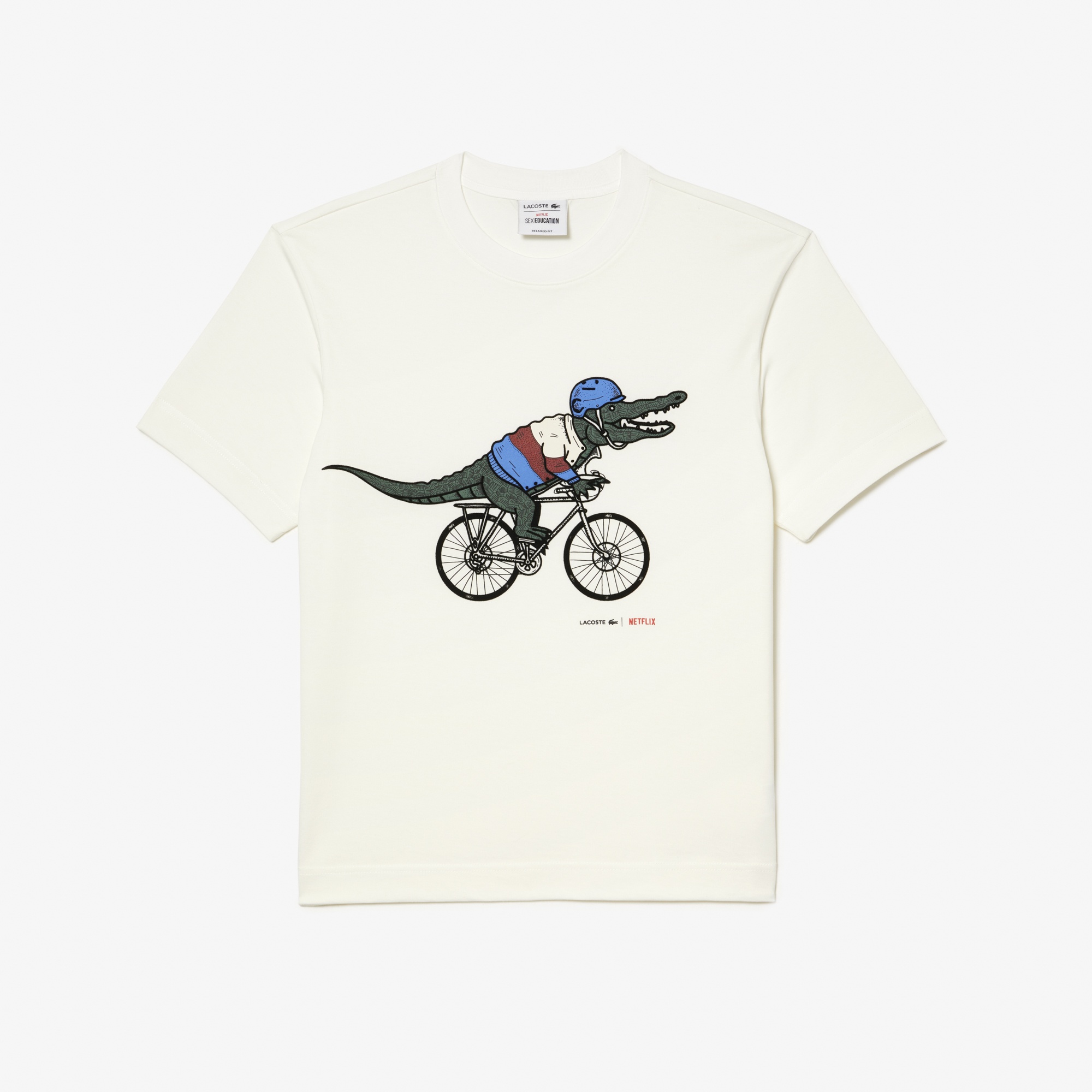 Lacoste x Netflix Erkek Relaxed Fit Bisiklet Yaka Baskılı Bej T-shirt