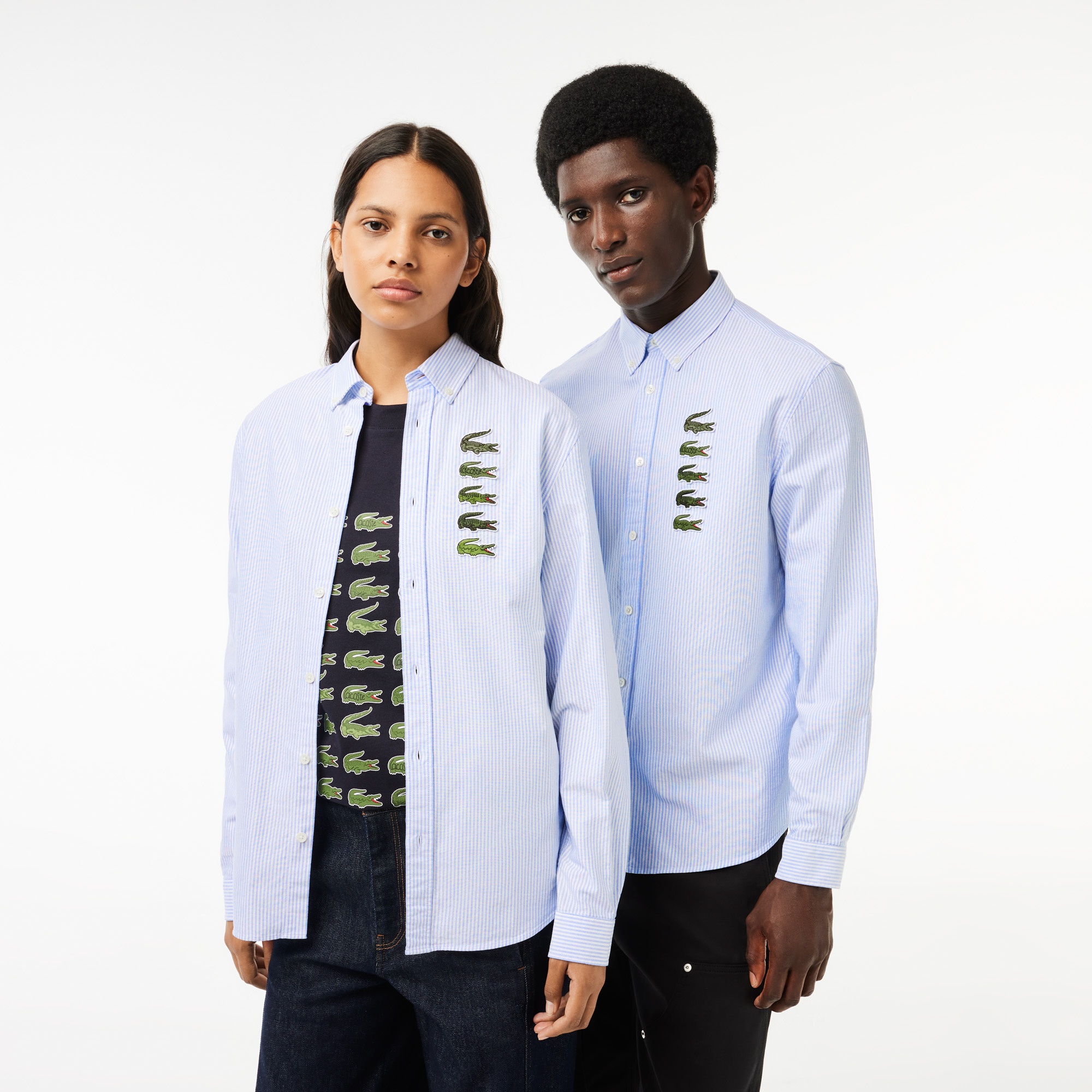 Lacoste Unisex Regular Fit Düğmeli Yaka Çizgili Organik Pamuk Mavi Gömlek