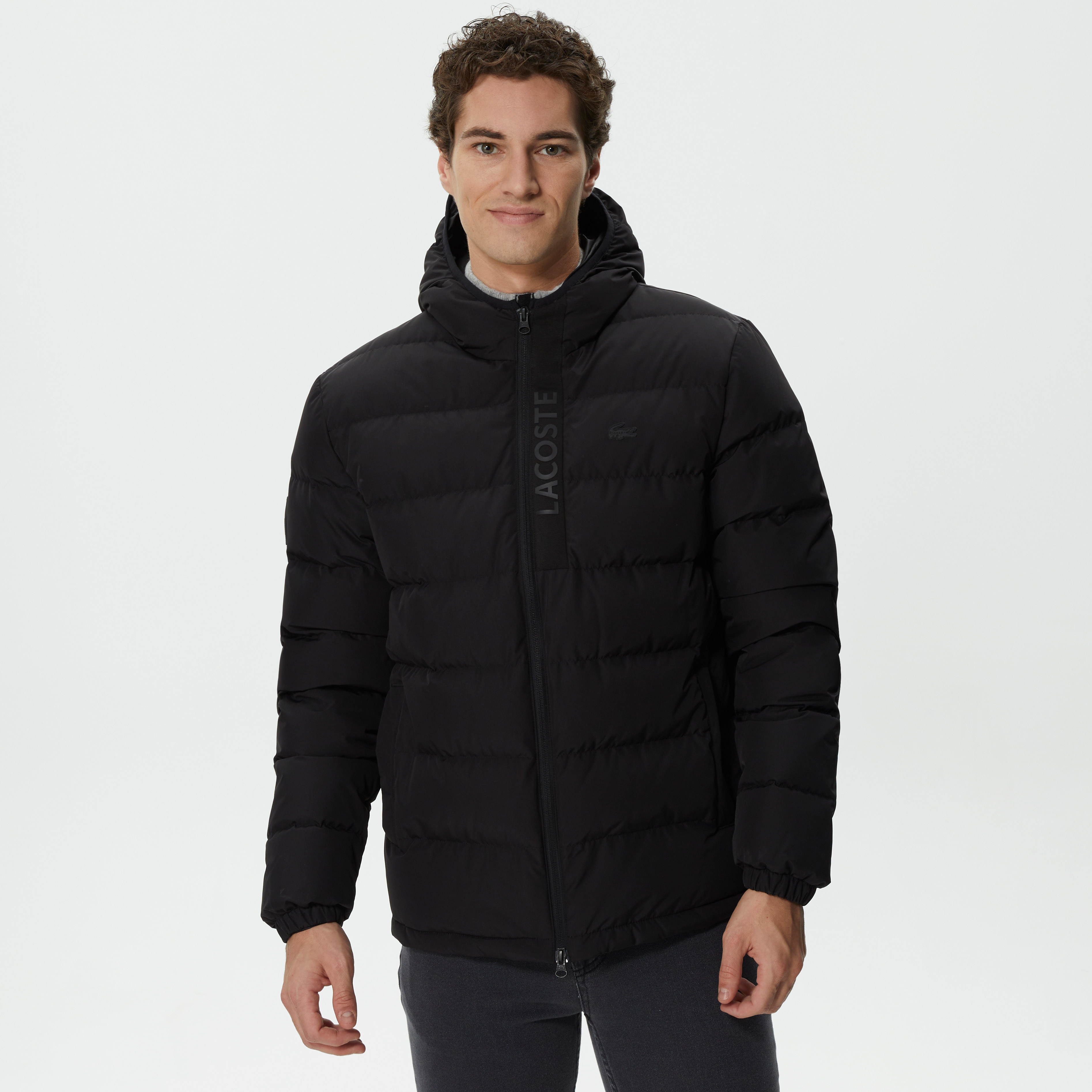 Lacoste Erkek Kapüşonlu Kapitone Siyah Mont