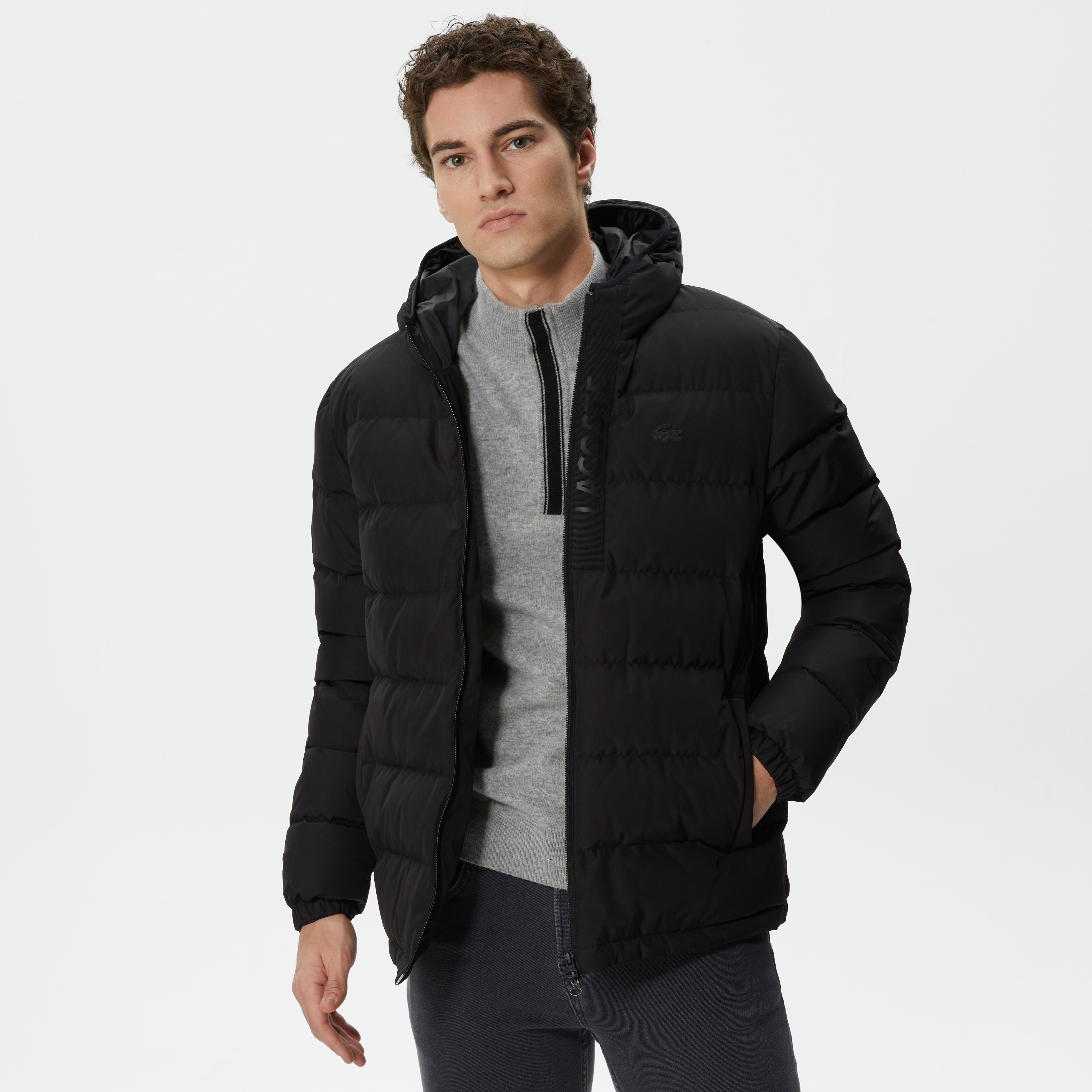 Lacoste Erkek Kapüşonlu Kapitone Siyah Mont