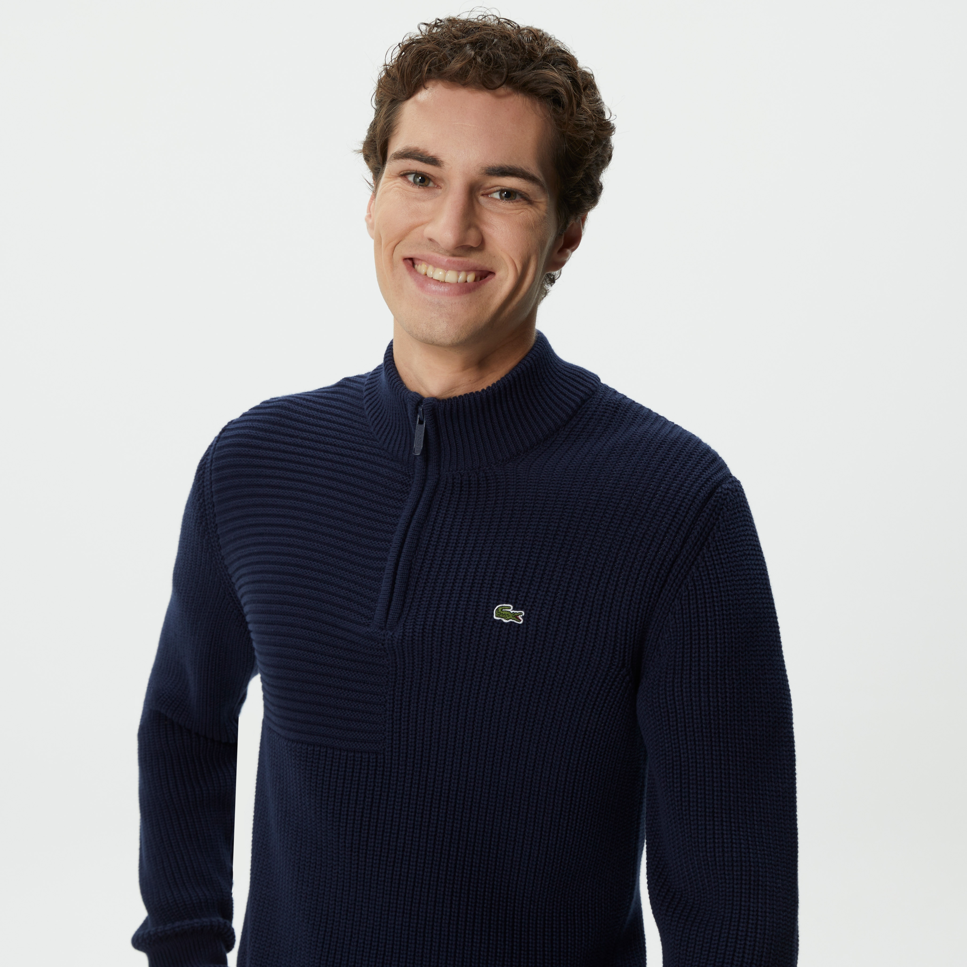 Lacoste Erkek Regular Fit Uzun Kollu Dik Yaka Desenli Lacivert Triko